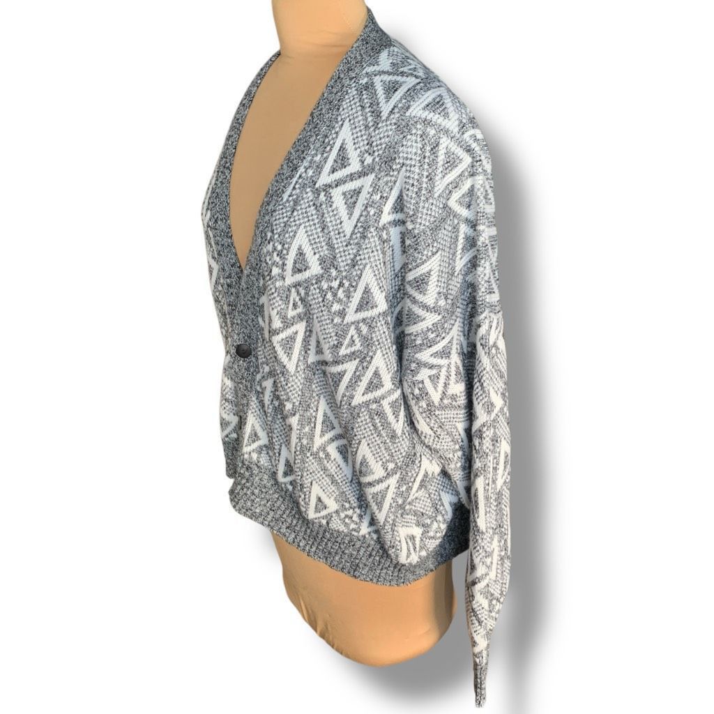 Vintage Vintage 80s Geometric Knit Cardigan Black White Oversized Vn Size US L / EU 52-54 / 3 - 4 Thumbnail