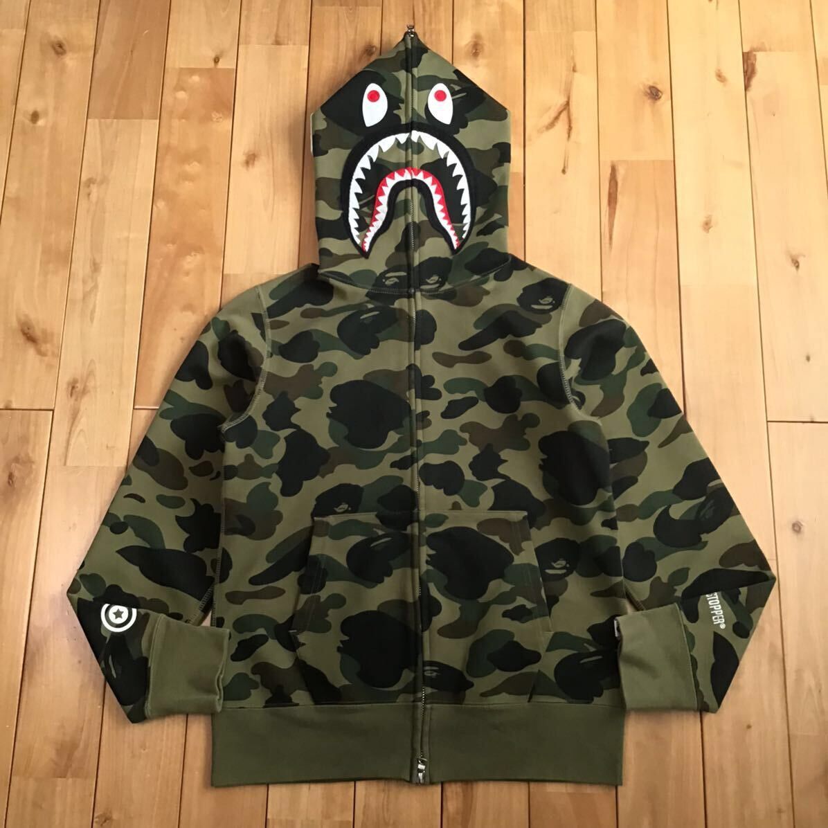 image of Bape Gore Wind Stopper 1St Camo Green Shark Full Zip Hoodie in Green Camo, Men's (Size Small)