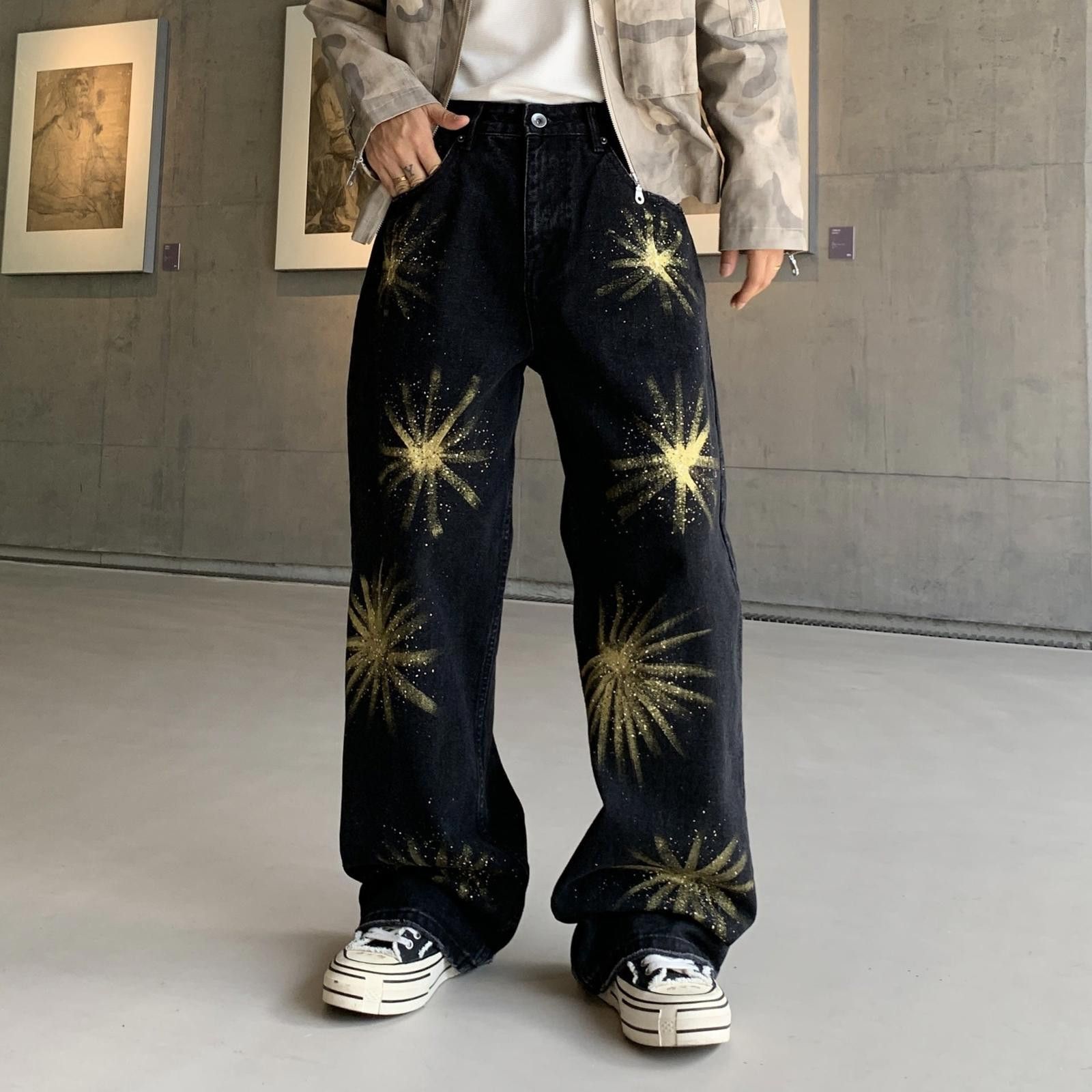 Vintage Black Baggy Wide Leg Jeans with Gold Starburst Print Size US 32 / EU 48 - 6 Thumbnail