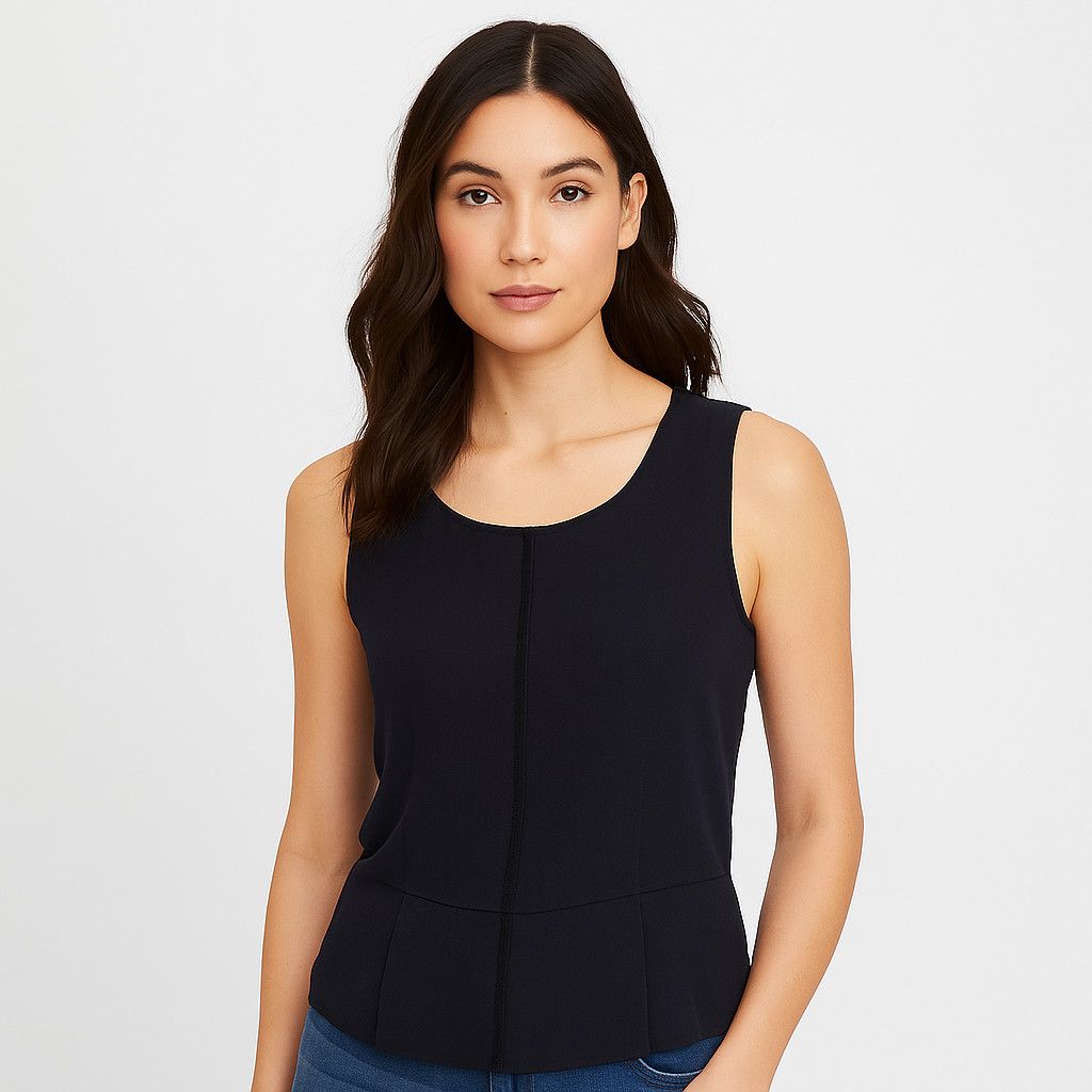 Navy Slvess Textured Pleated Peplum Top Party Preppy Work