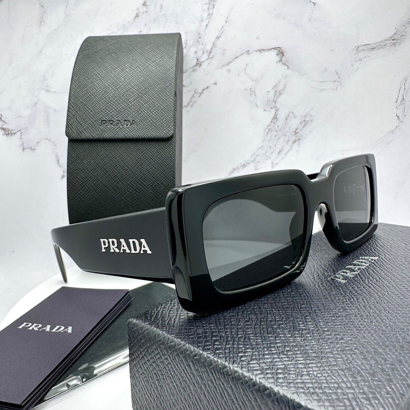Prada New Prada Sunglasses Black Acetate Rectangle Square I Size ONE SIZE - 14 Thumbnail