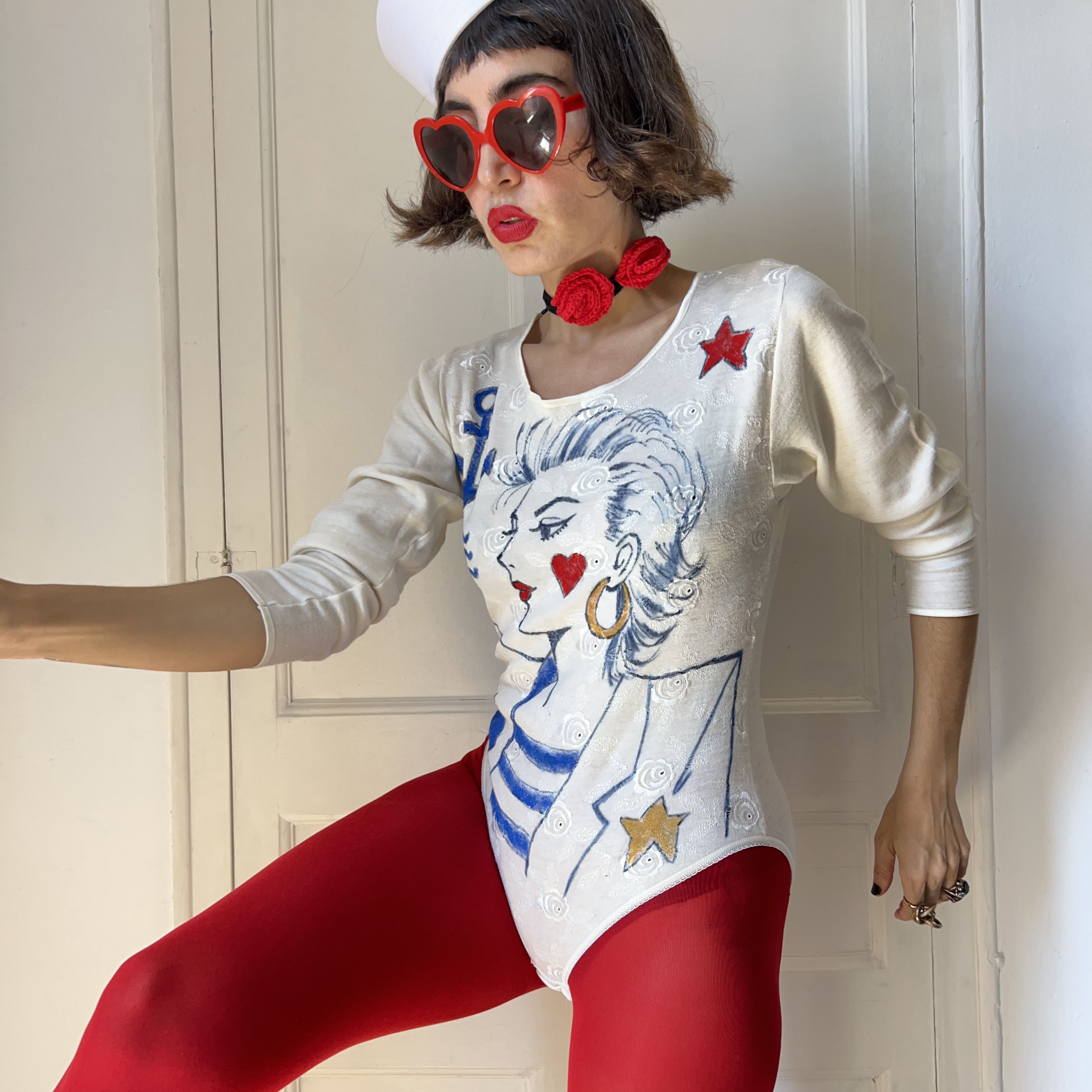 Custommade Hand Painted Nautical Style Vintage Italian Wool Bodysuit Size S / US 4 / IT 40 - 6 Thumbnail