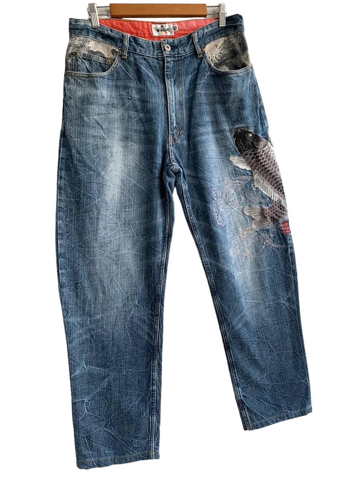 Japanese Brand Vintage Japanese Brand Karakuri Embroidery Fish Koi Jeans Size US 34 / EU 50 - 4 Thumbnail