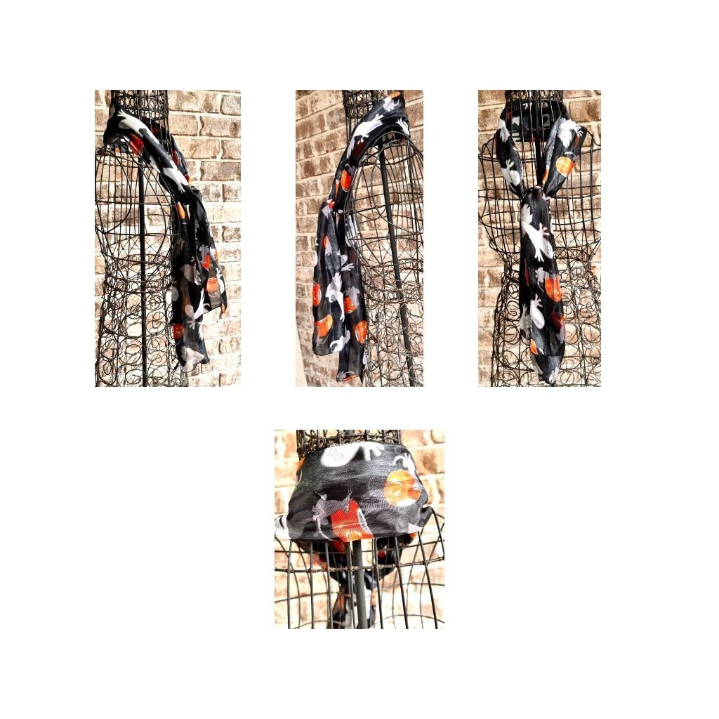 Vintage Halloween Scarf Black Gray Cats Ghosts Jack O Lantern Festiv Size ONE SIZE - 6 Thumbnail