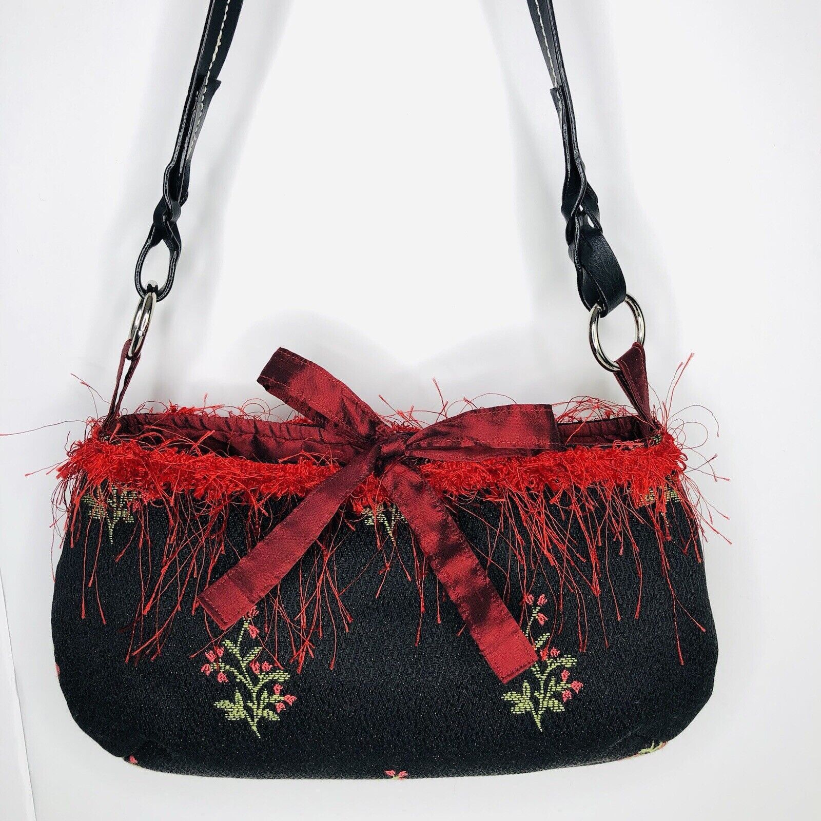 Other Vtg 80s AcScents Tapestry Black Floral Bag Red Fringe Size ONE SIZE - 1 Thumbnail
