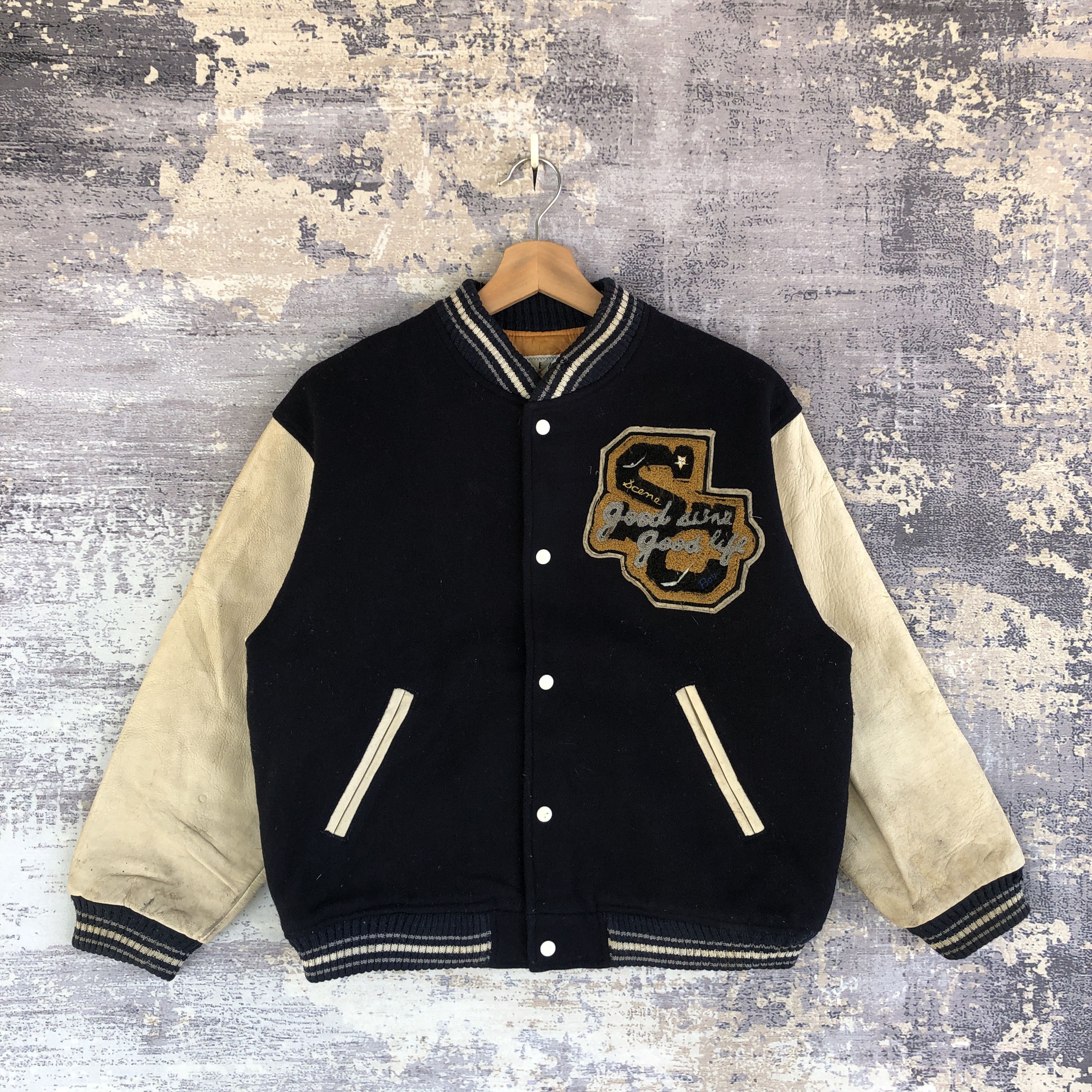 Vintage Scene Sports Varsity Leather Jacket Letterman Wool Jacket Size US M / EU 48-50 / 2 - 1 Thumbnail