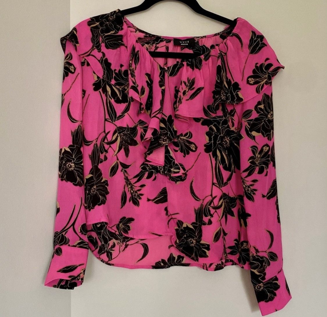 Other VICI HOT PINK FLORAL V NECK RUFFLED BLOUSE TOP Size M / US 6-8 / IT 42-44 - 2 Thumbnail