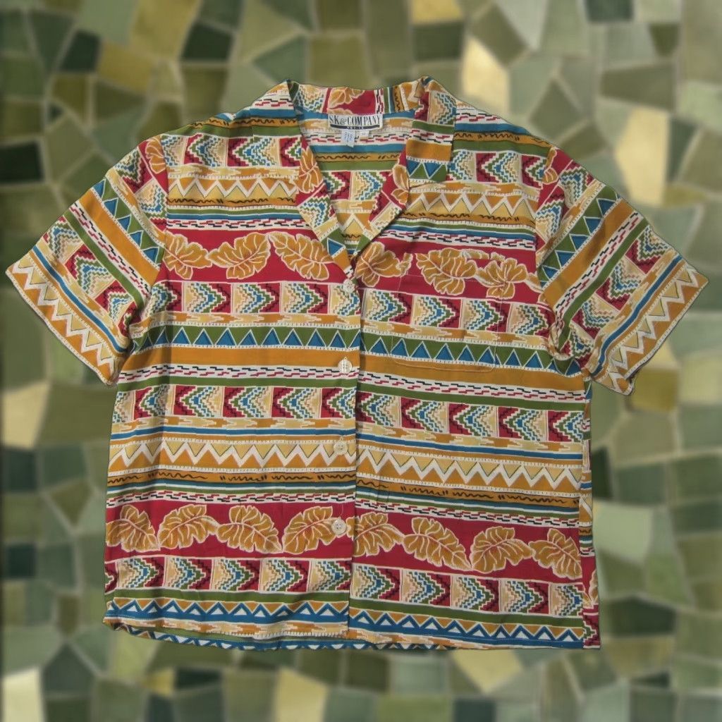 Vintage SK & Company 100% Silk Red Aztec Floral Short Sleeve Blouse Women 10P Size L / US 10 / IT 46 - 1 Thumbnail