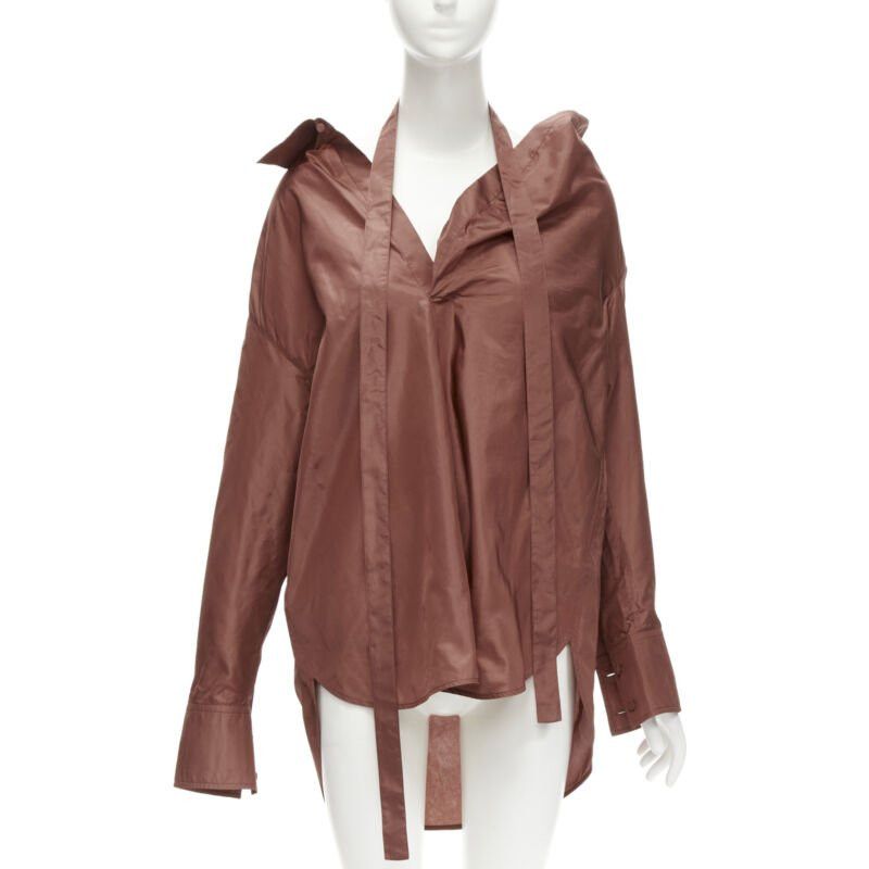Valentino VALENTINO 2022 Runway brown silk taffeta wide collar neck tie shirt IT38 XS Size XS / US 0-2 / IT 36-38 - 1 Thumbnail