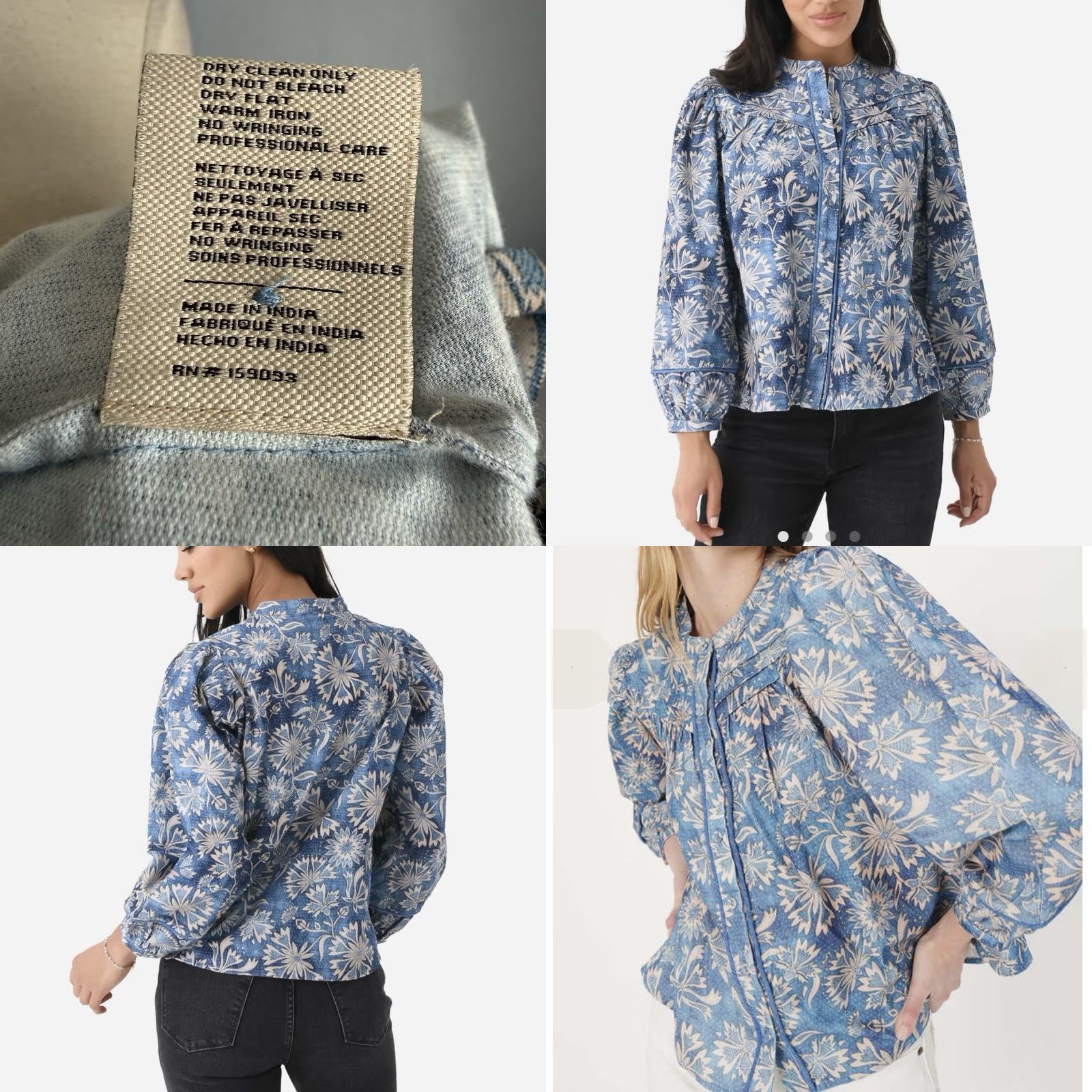 Vintage Chufy Blouse Shirt Top Multi Blue Button Front Organic Cotton 100% Relaxed Bohemian Puff-Sleeve Blouson Sleeve Round Neck Casual Women Regular Size L Size S / US 4 / IT 40 - 8 Thumbnail