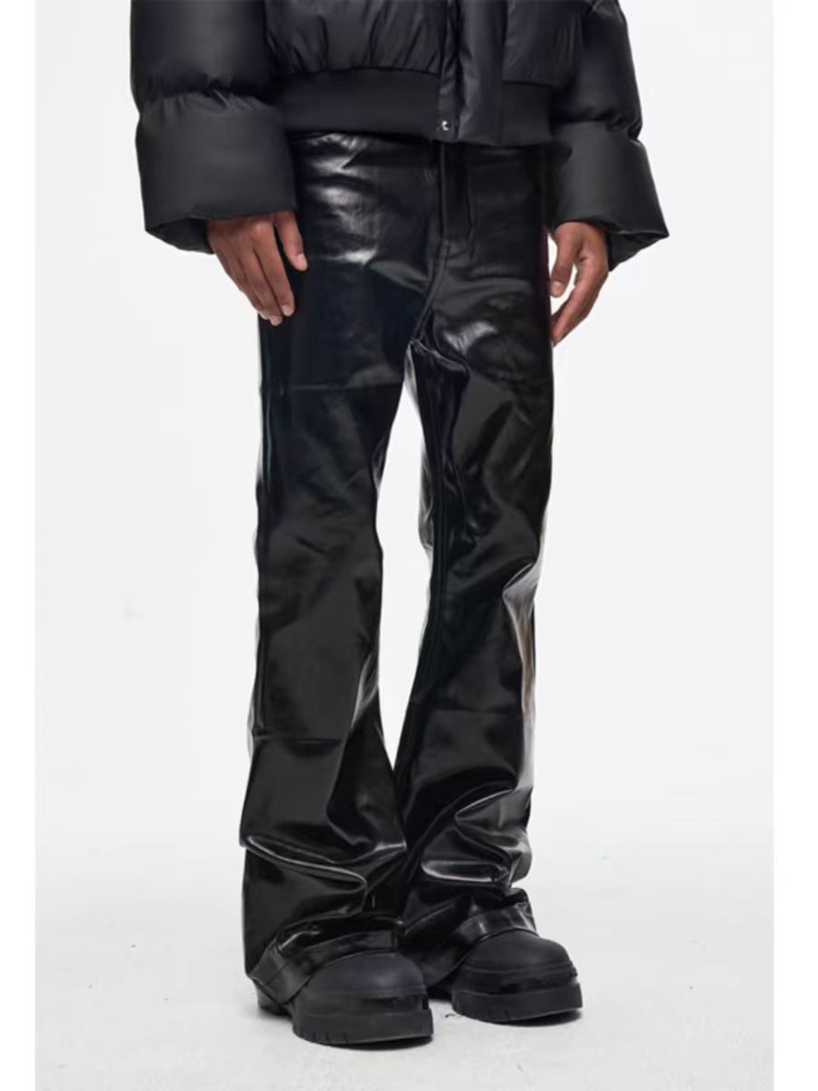 image of High Street Style Coated Waxed Glossy Bootcut Baggy Jeans in Black, Men's (Size 30)