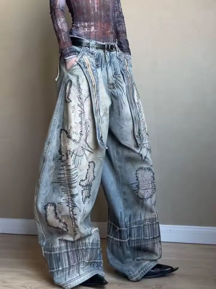 Jean Distressed Printed Design Loose Wide Leg Pants Jeans Size US 32 / EU 48 - 3 Thumbnail
