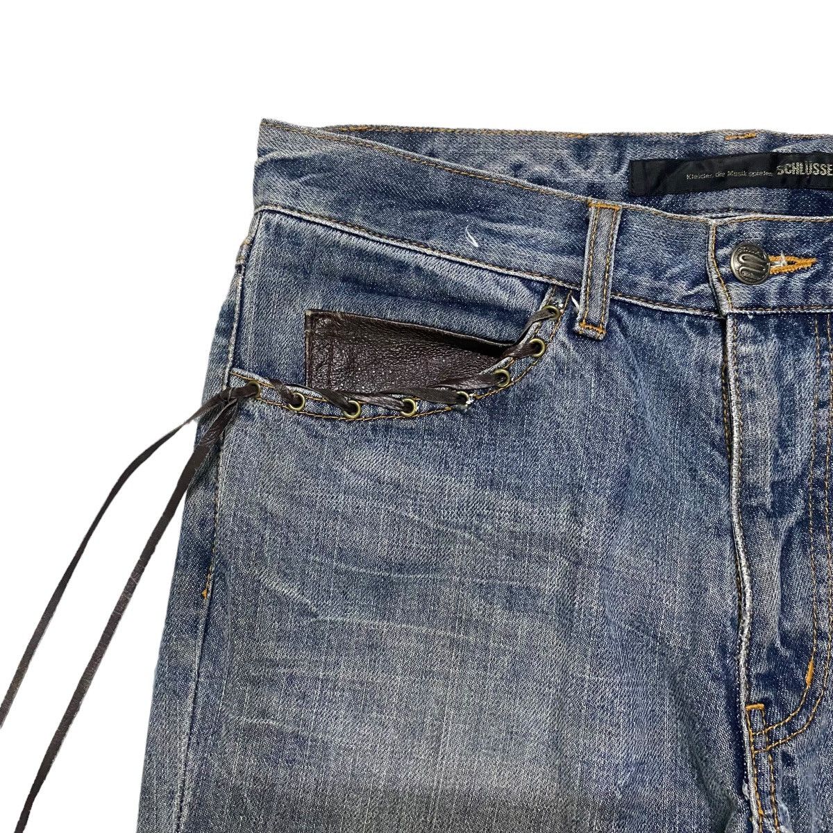 Japanese Brand SCHLUSSEL Low Rise Leather Lace Denim Flare Jeans Size US 30 / EU 46 - 4 Thumbnail