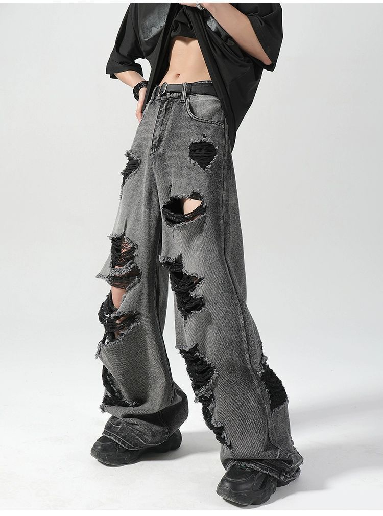 Japanese Brand Men's loose distressed wide-leg Japanese ripped jeans Size US 32 / EU 48 - 3 Thumbnail