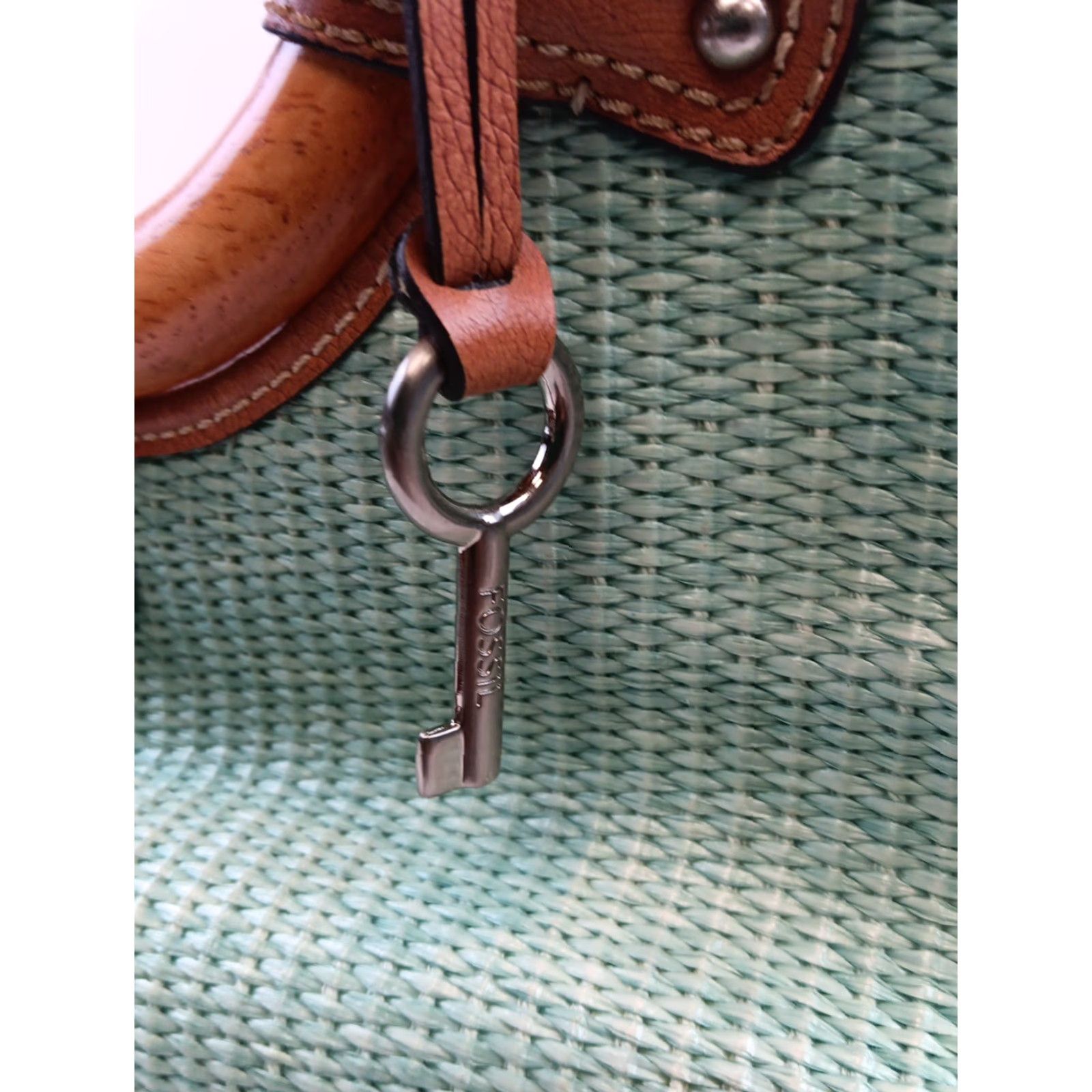 Fossil Fossil Wicker Woven Handbag Satchel Seafoam Green Leather Trim Wooden Handles Size ONE SIZE - 4 Thumbnail
