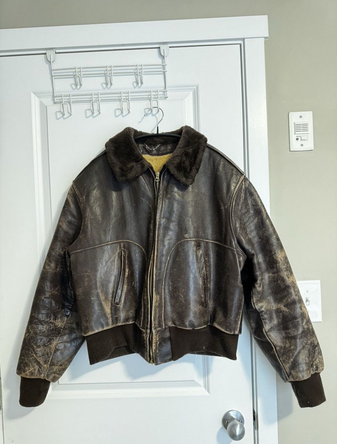 Vintage Real Shearling Leather Bomber Jacket