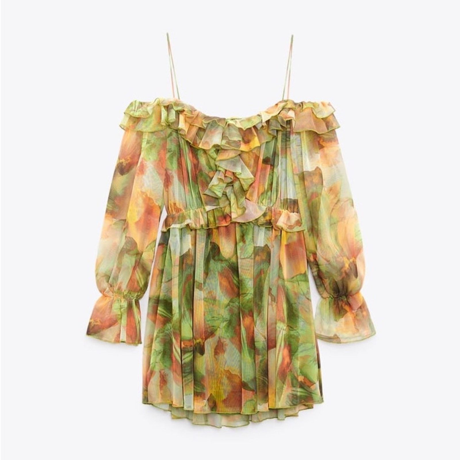 Zara ZARA BLOGGER FAVORITE PRINTED TULLE DRESS GREEN Size S / US 4 / IT 40 - 12 Thumbnail