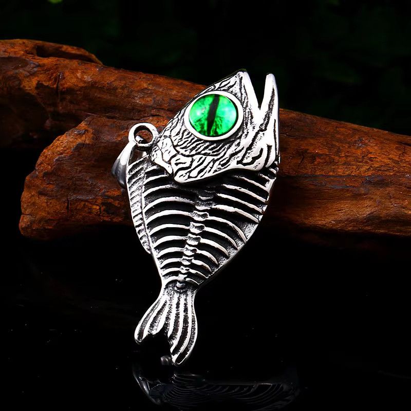 Jewelry Fish Bones Green Evil Eyes Pendant Necklace Goth Jewelry Y2K Size ONE SIZE - 1 Thumbnail