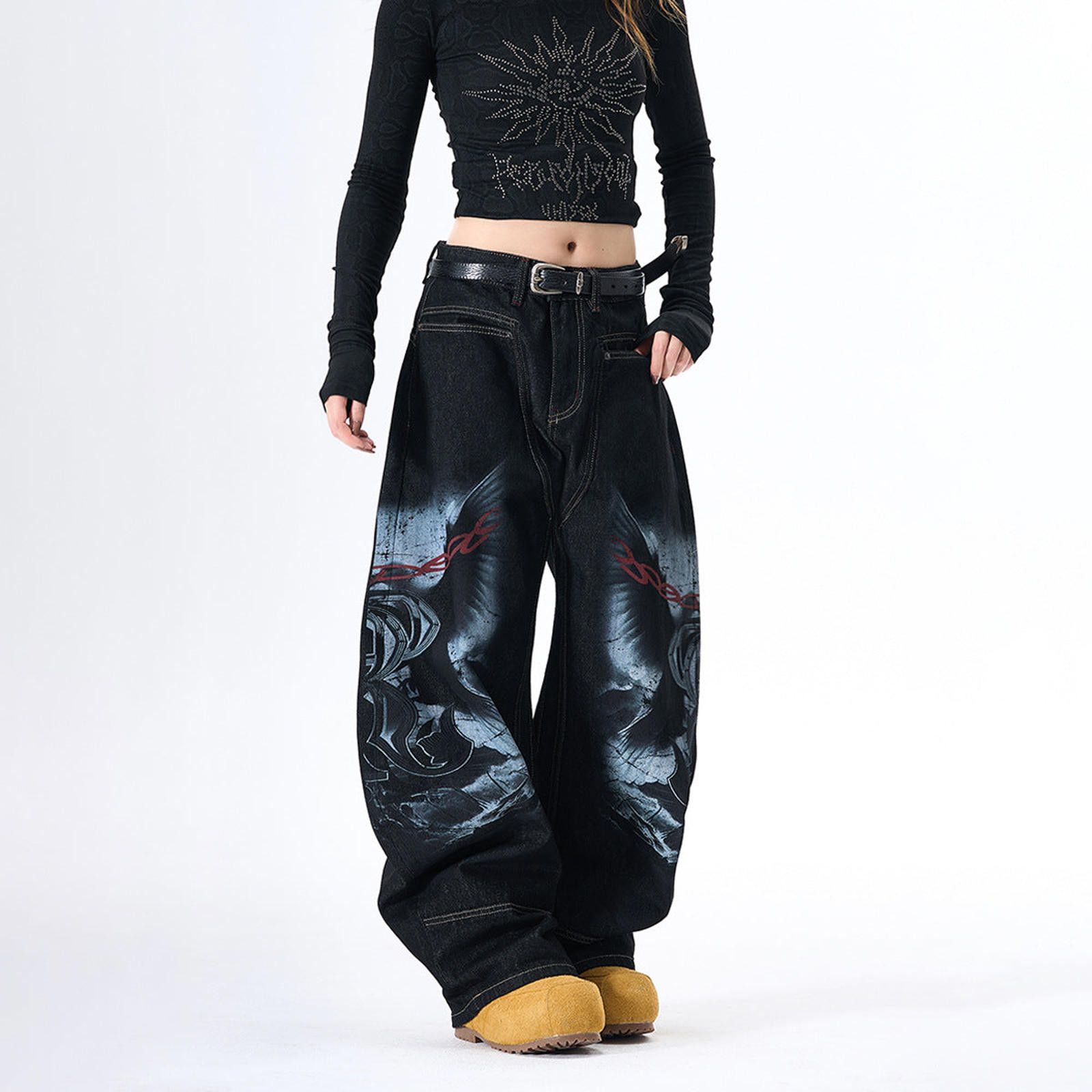 Vintage Black Graphic Wide Leg Jeans, Baggy Streetwear Pants Size 28" / US 6 / IT 42 - 1 Thumbnail