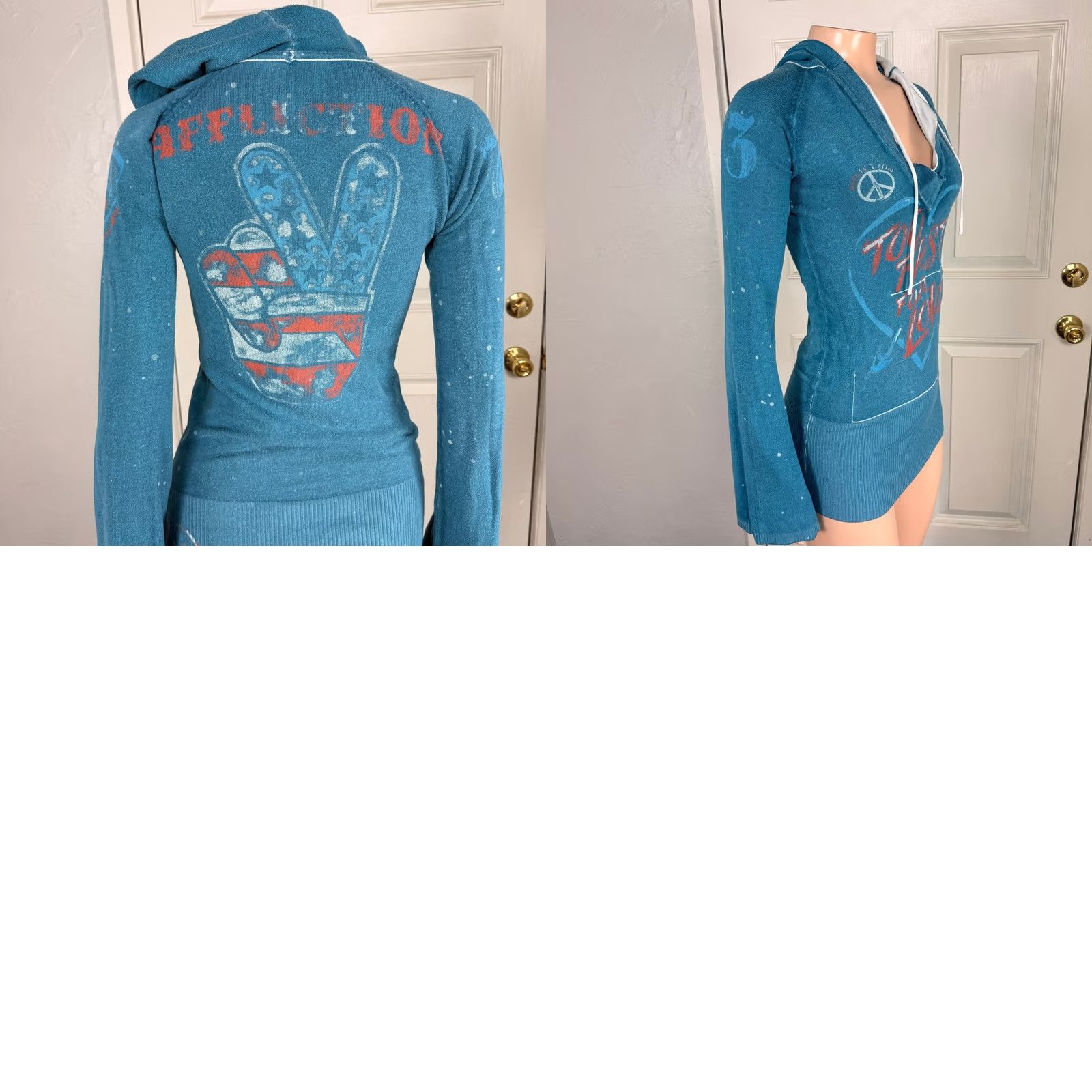 Affliction VINTAGE Affliction Womens Top S Cotton Knit Reversible Hoodie Hooded Bell Sleeve Y2K Blue White Logo Casual Size S / US 4 / IT 40 - 9 Thumbnail