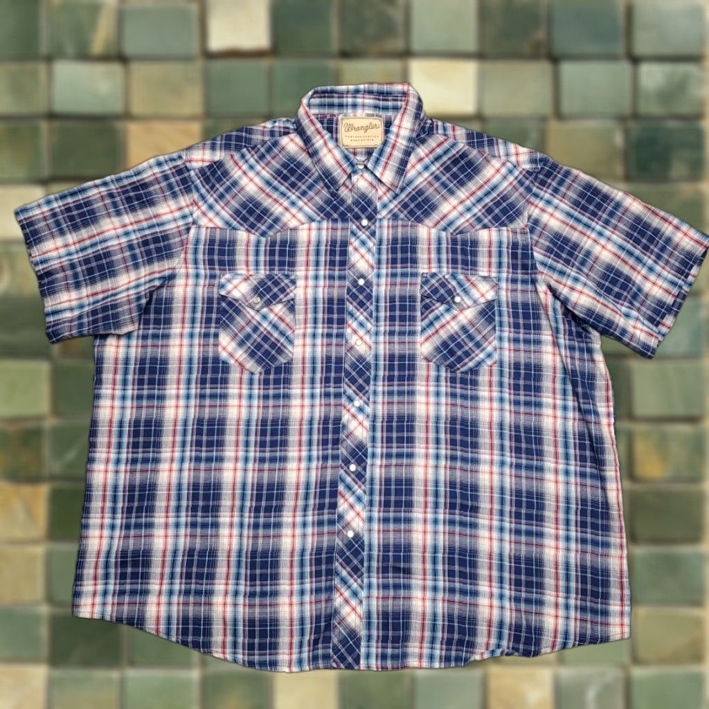 Wrangler Wrangler Shirt Men XXXL Blue Plaid Western Pearl Snap Cowboy Casual Short Sleeve Size US XXL / EU 58 / 5 - 1 Thumbnail