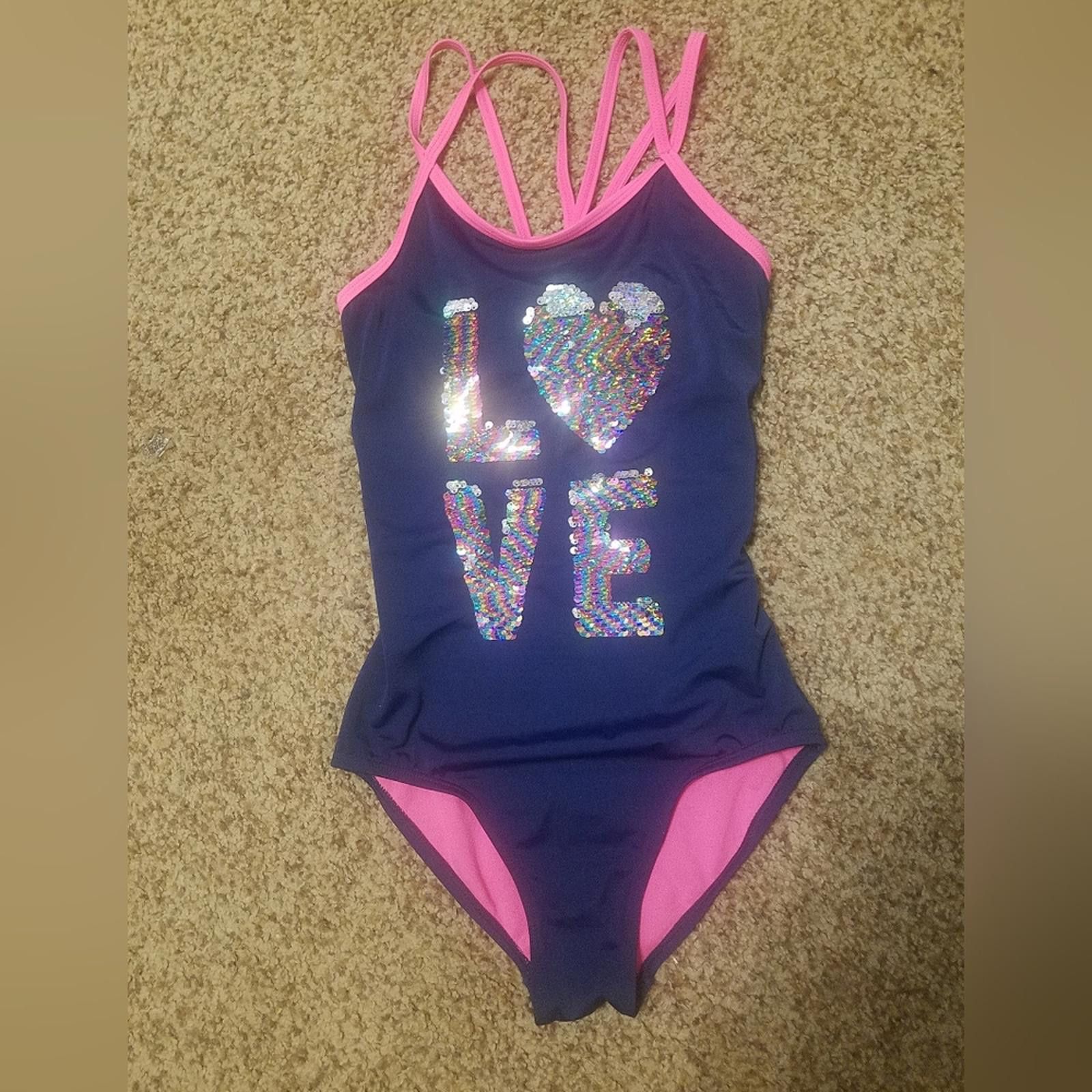 Designer Justice Navy and Pink Sequin Love Swimsuit Size US 26 / EU 42 - 1 Thumbnail