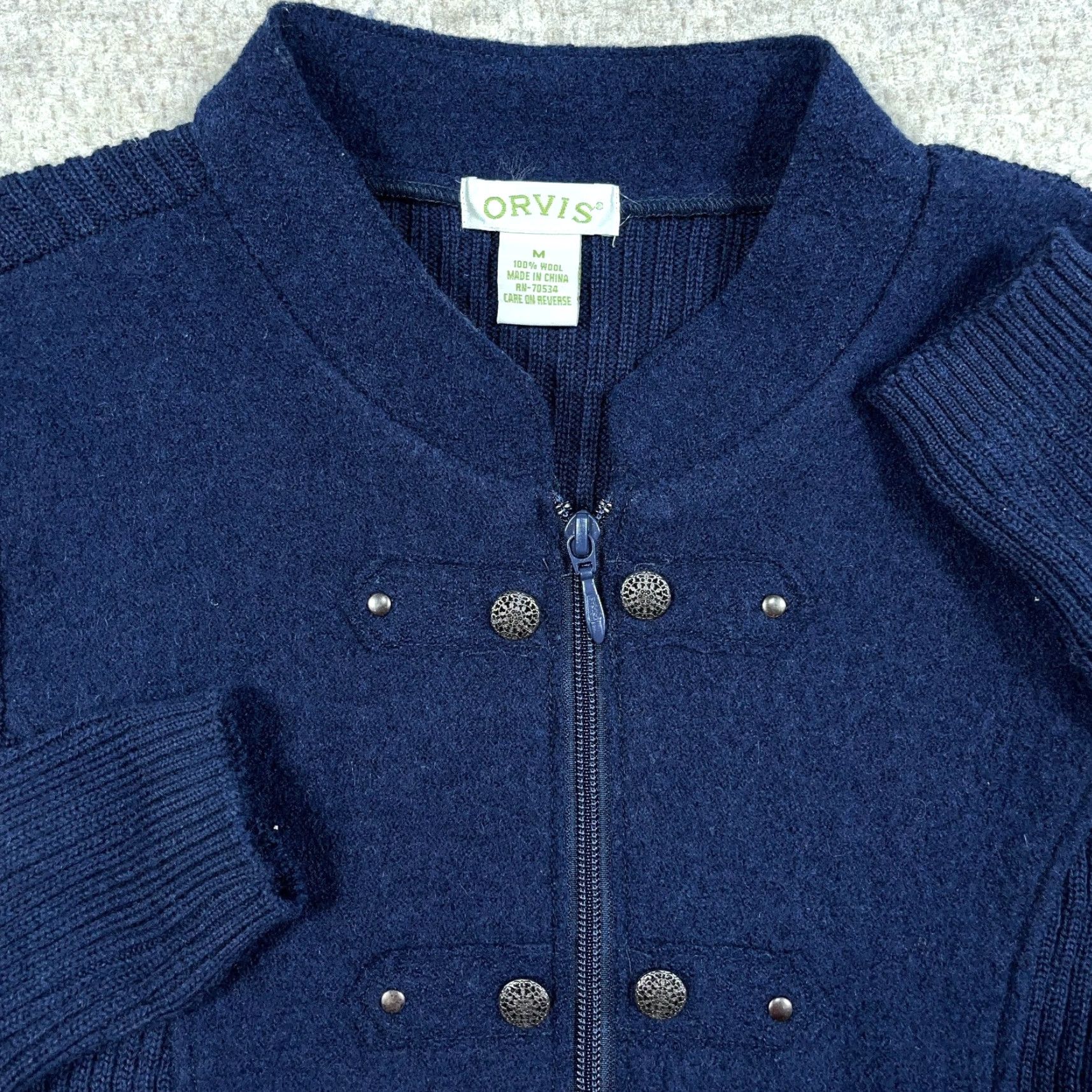 Orvis Orvis Cardigan Wool Knit Full Zip Navy Blue Women Medium Mock Neck Casual Fall Winter All Seasons Regular Knit Style Size M / US 6-8 / IT 42-44 - 2 Thumbnail