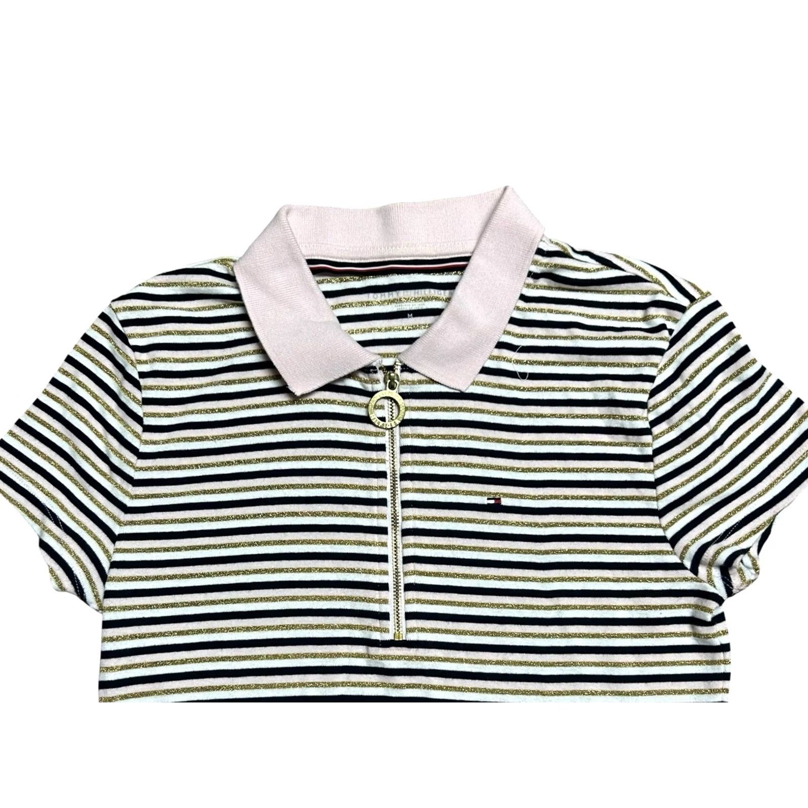 Tommy Hilfiger Tommy Hilfiger Half Zip Polo Shirt Blue White Gold Stripe Women's M Multicolor Cap Sleeve Casual Travel Polo Shirt Y2K Colorful Regular Men? Women? Size M / US 6-8 / IT 42-44 - 5 Thumbnail