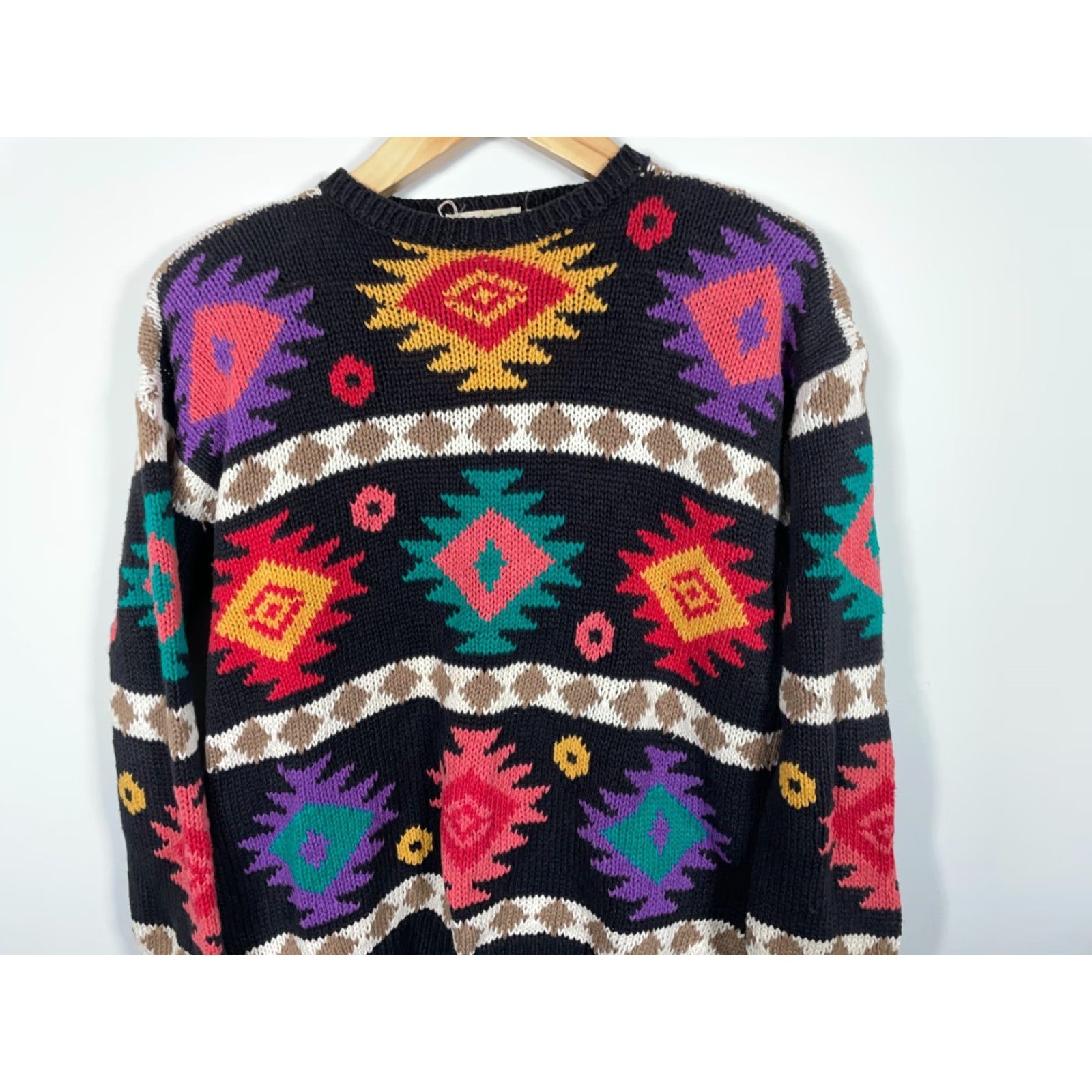 Vintage VINTAGE Geometric Sweater Women's Large Black 90s Aztec Southwestern Pattern Chunky-Knit Ramie Cotton Blend Crew Neck Pullover Size L / US 10 / IT 46 - 4 Thumbnail