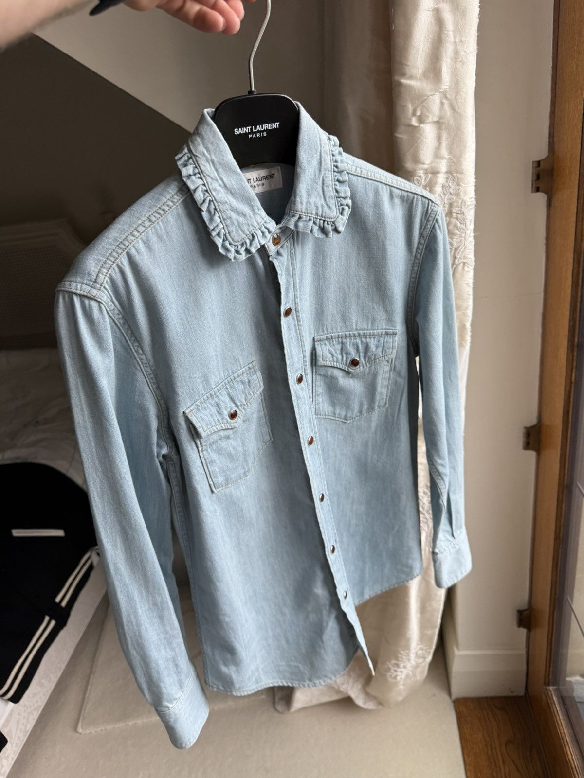 Saint Laurent Paris SS16 Saint Laurent ruffle collar blue denim shirt Hedi surf Size US S / EU 44-46 / 1 - 16 Thumbnail
