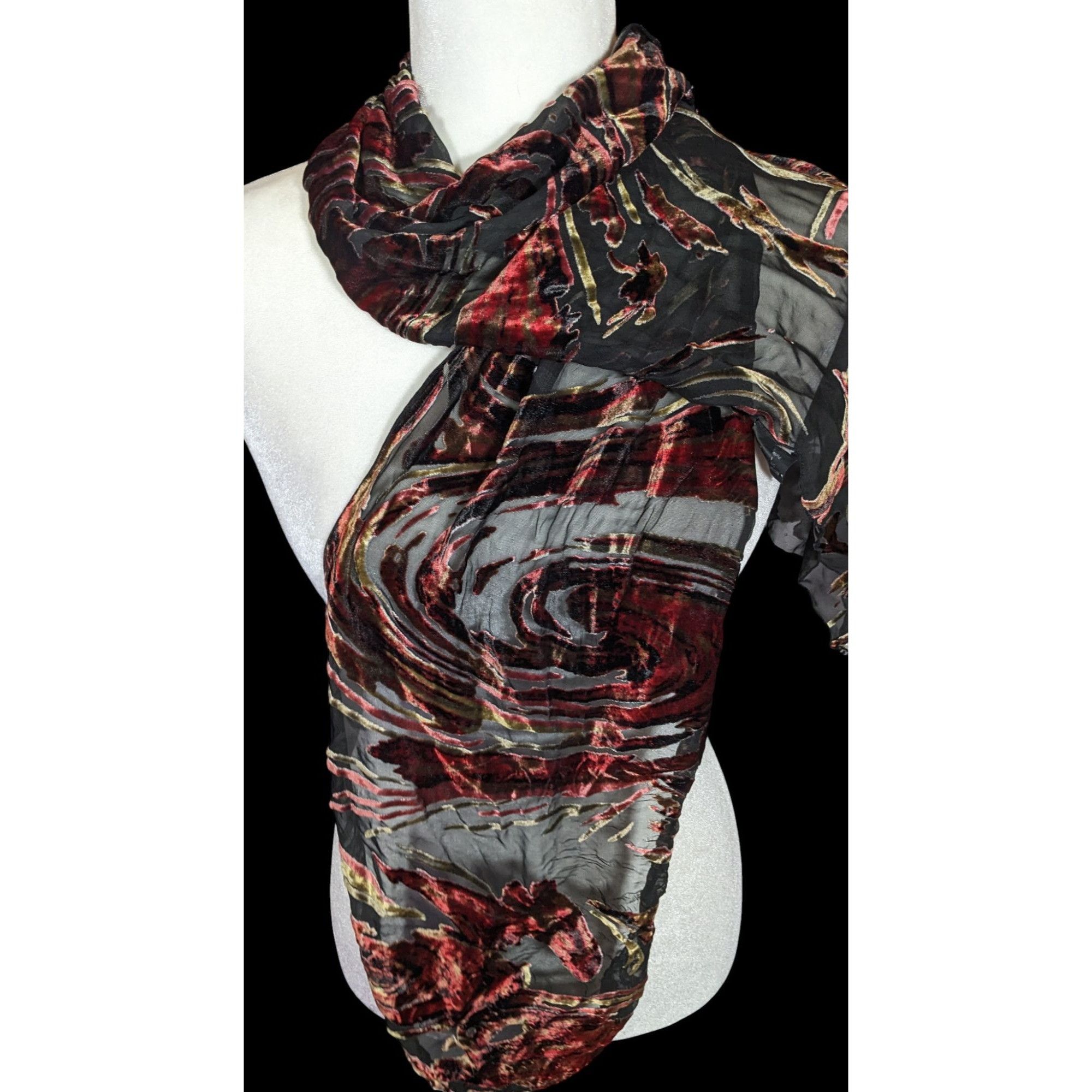 Other Vintage Abstract Red And Gold Velvet Burnout Scarf Size ONE SIZE - 1 Thumbnail