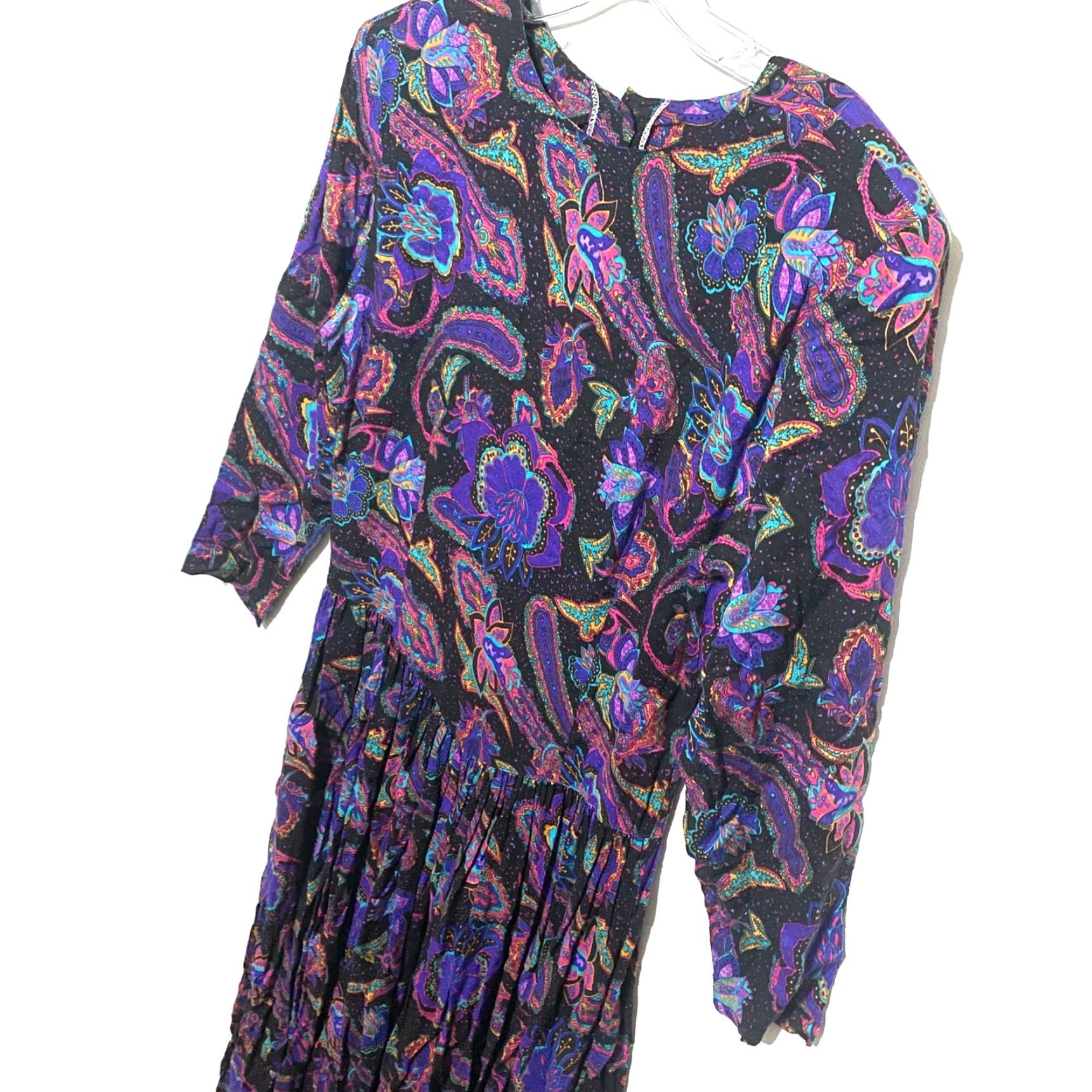 Vintage VINTAGE Pier 1 Dress Purple Paisley S Midi Long Sleeve Round Neck Pleated Secretary Modest Bohemian Retro Maximalist Womens Size S / US 4 / IT 40 - 3 Thumbnail