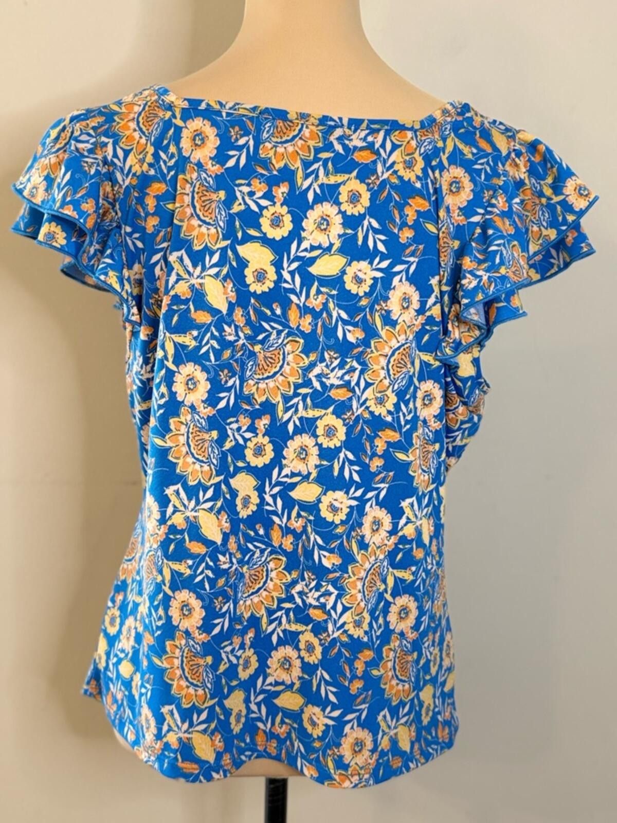 L'Eclaireur Eclair blue & yellow floral top short ruffled sleeves SZ LG Size L / US 10 / IT 46 - 4 Thumbnail