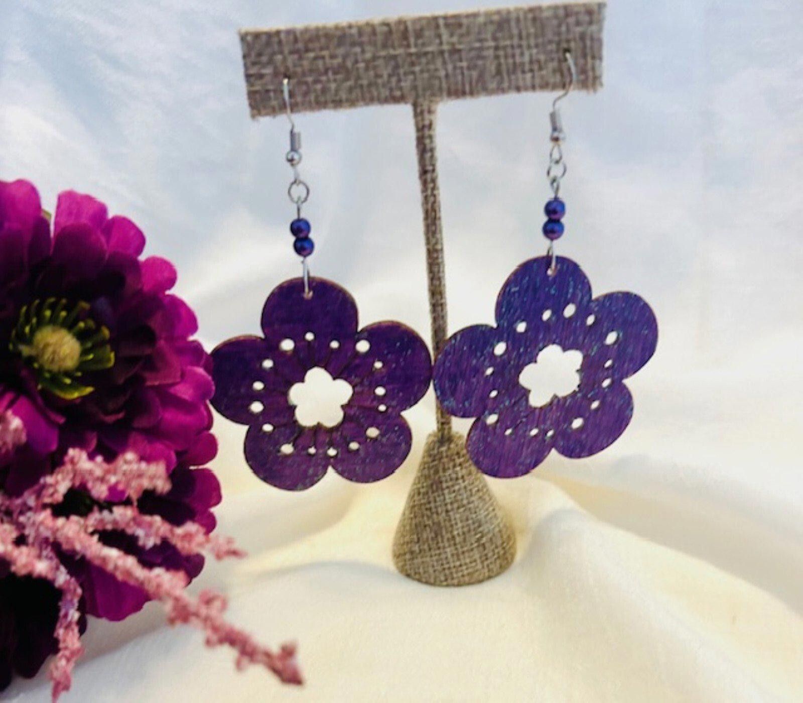 Designer Violet Tropical Vibe Hibiscus Wood Earrings Size ONE SIZE - 1 Thumbnail