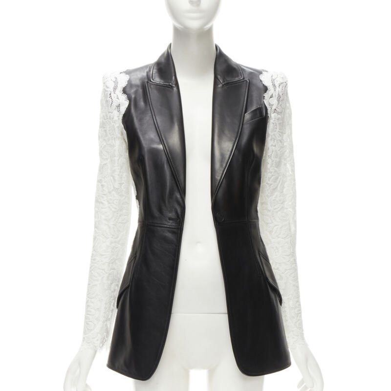 Alexander McQueen ALEXANDER MCQUEEN 2020 black lamb leather white lace trim blazer jacket IT38 XS Size XS / US 0-2 / IT 36-38 - 1 Thumbnail