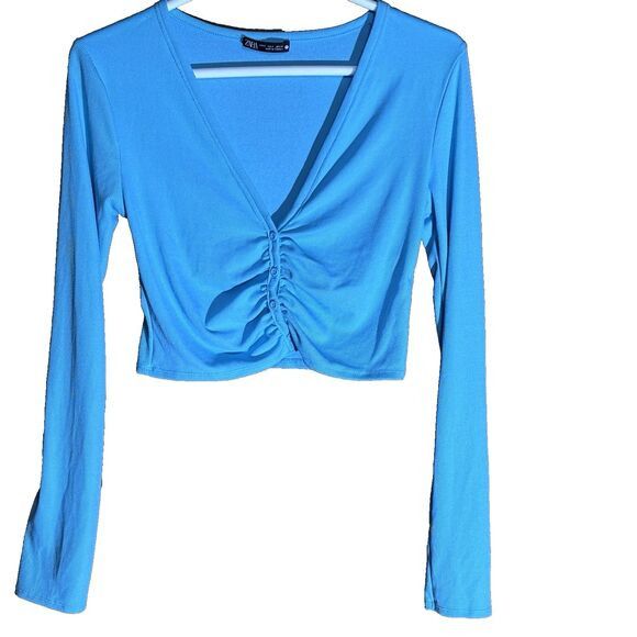 Zara Zara Women Crop Top Blue Ribbed Ruched Button Cardigan S Size S / US 4 / IT 40 - 1 Thumbnail