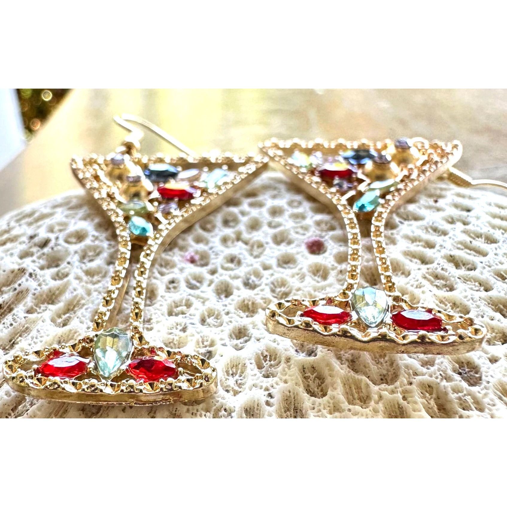 Handmade Cocktail Drink Earrings Martini Rhinestones Cruise Beach Isl Size ONE SIZE - 10 Thumbnail