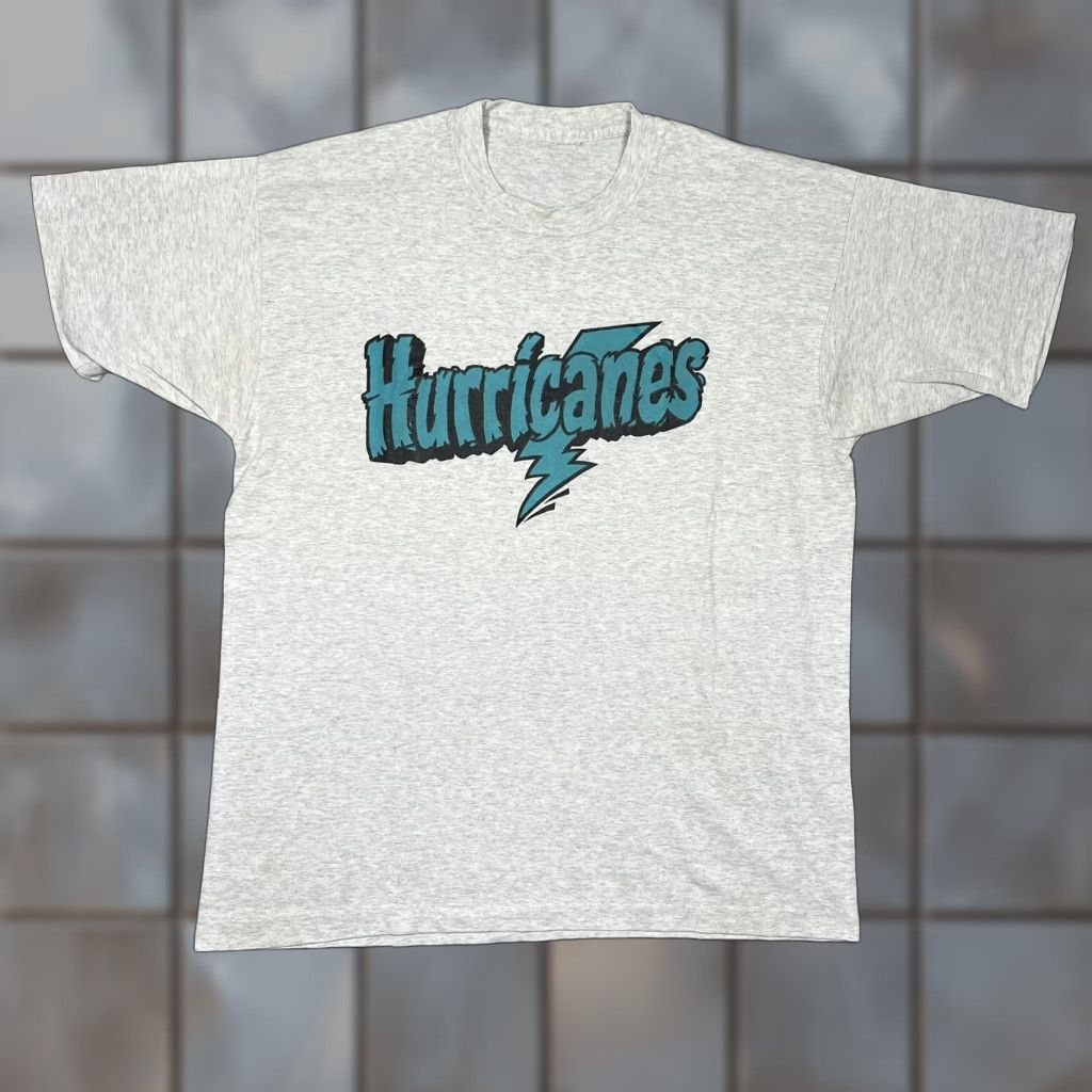 VINTAGE Hurricane 90s Graphic Tee Men’s XL Short Sleeve T-Shirt White Cotton Blend Logo Crew Neck Single Stitch Mens Short Sleeve Tee