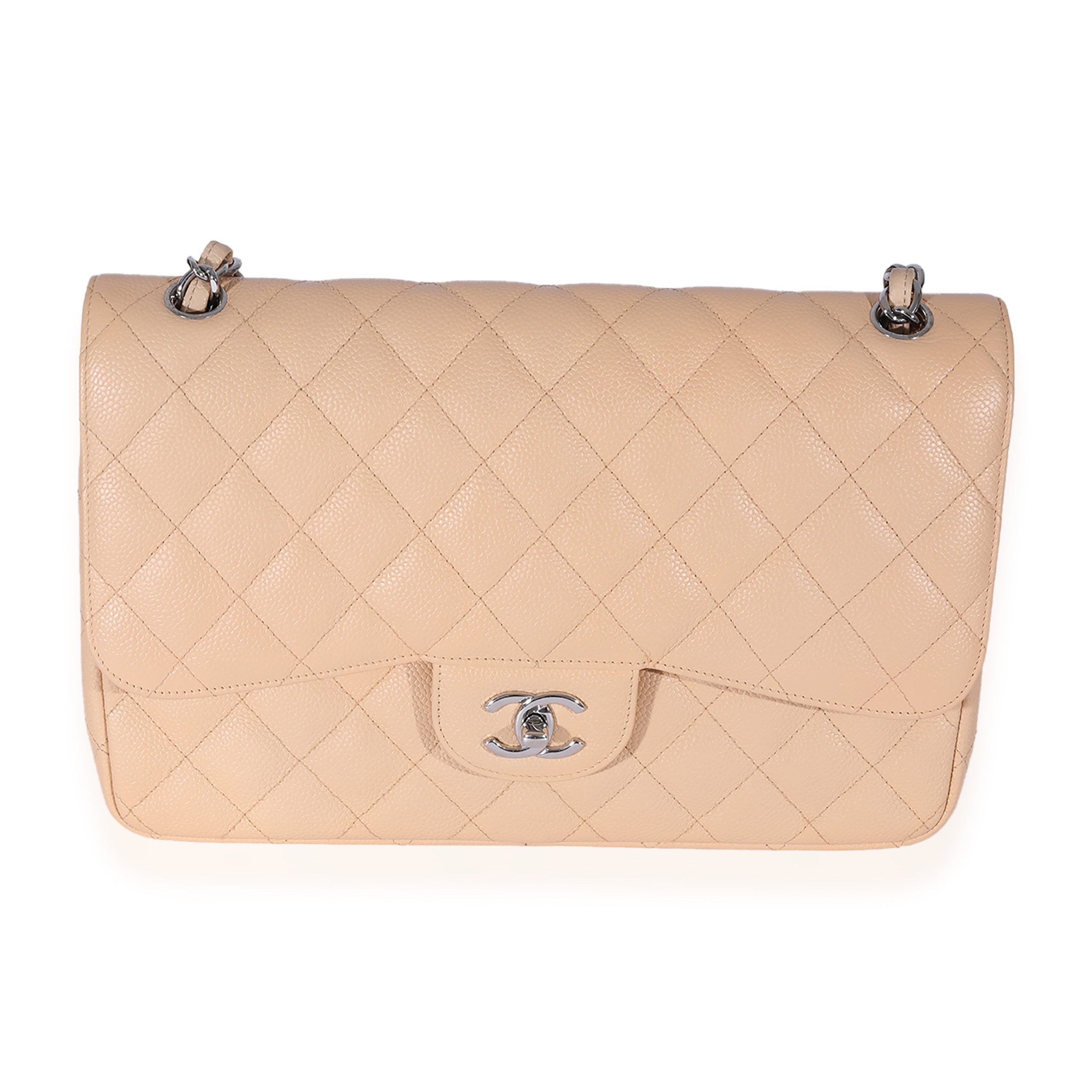 image of Chanel Beige Quilted Caviar Jumbo Classic Double Flap Bag, Women's
