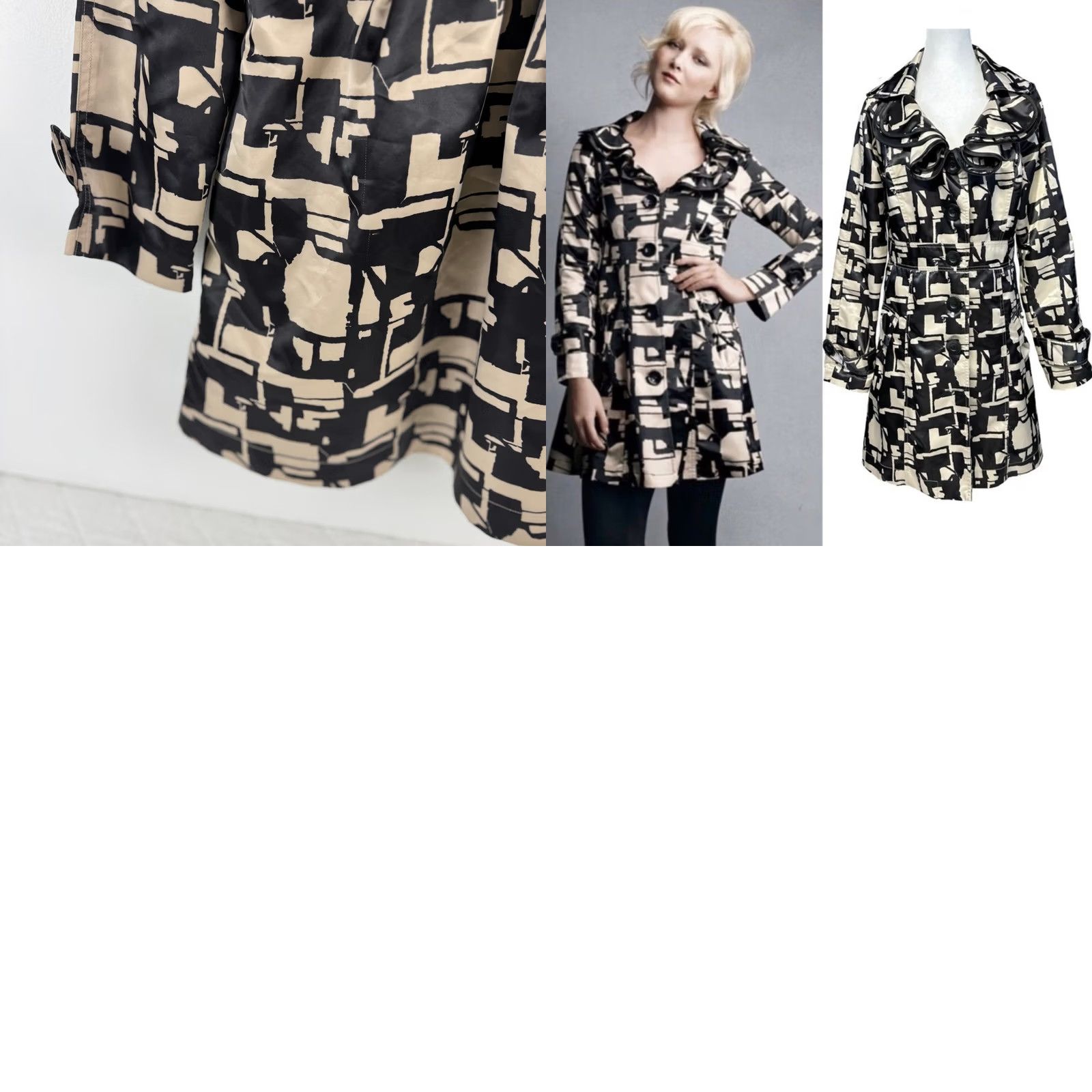 Vintage Nick Mo Nordstrom Womens Trench Coat Geometric Pattern Black Beige M Size M / US 6-8 / IT 42-44 - 9 Thumbnail