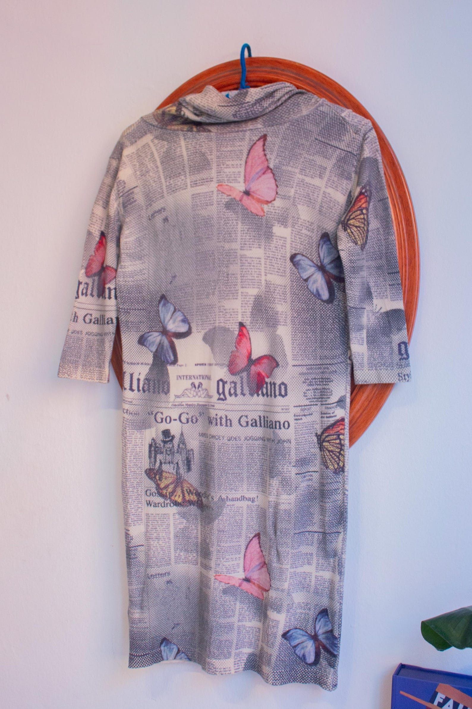 John Galliano Galliano Merinos Wool Dress, Gazette Print & Butterflies Size M / US 6-8 / IT 42-44 - 3 Thumbnail