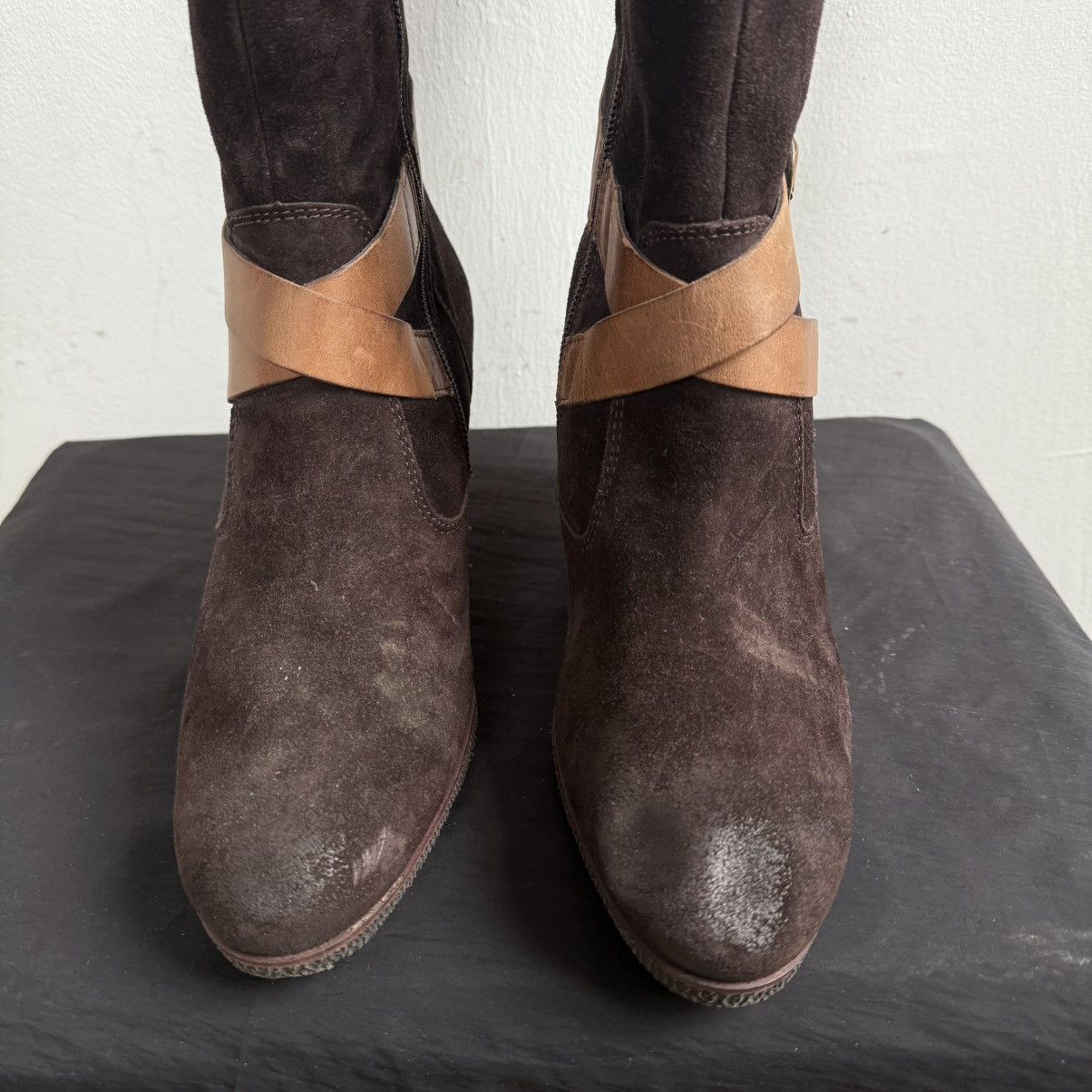 Japanese Brand Paul Green Brown Suede Wedge Boots With Buckles Size US 8 / IT 38 - 4 Thumbnail