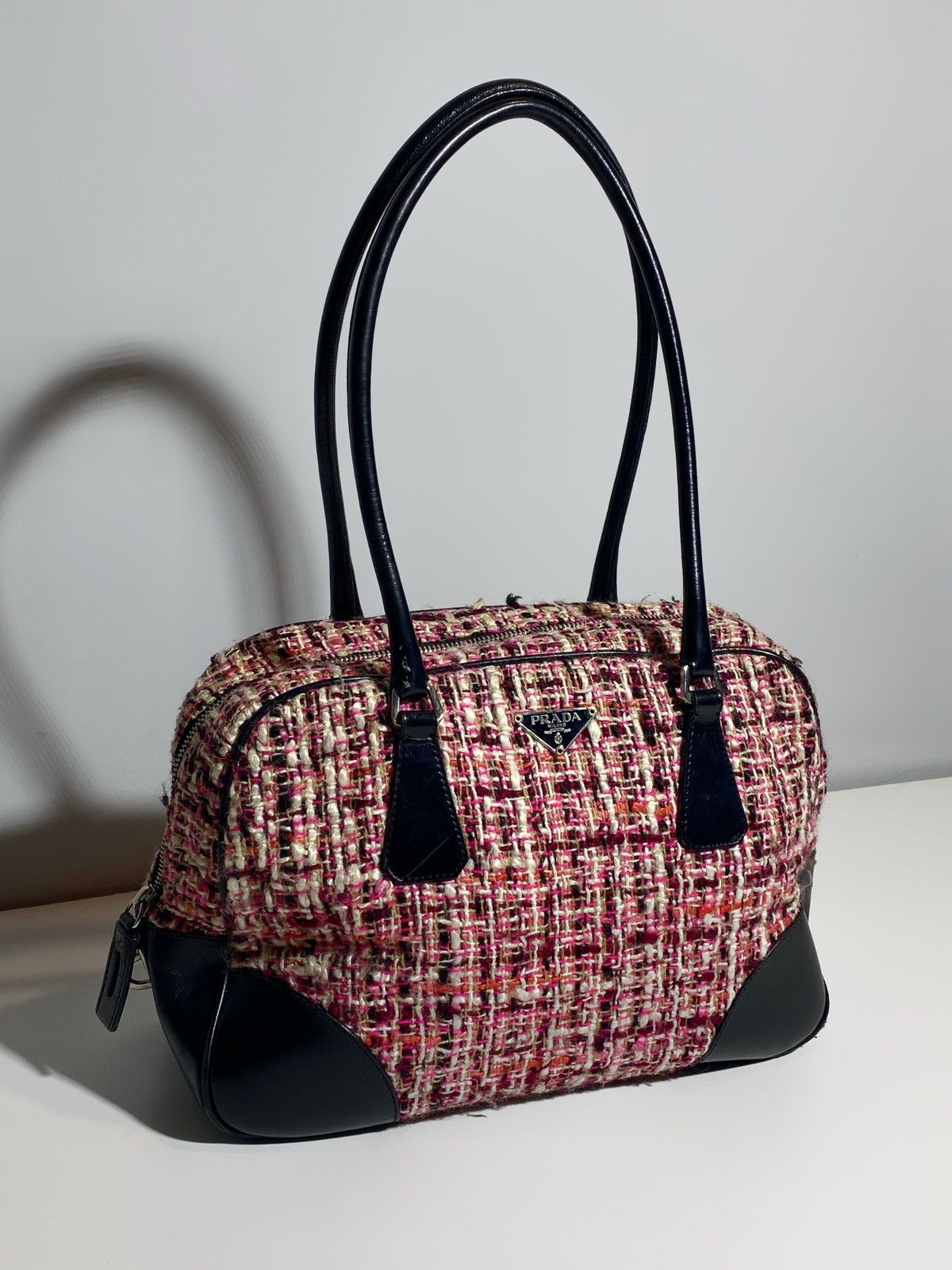 Prada Prada Boston Bag Triangle Logo Plate Tweed Size ONE SIZE - 2 Thumbnail