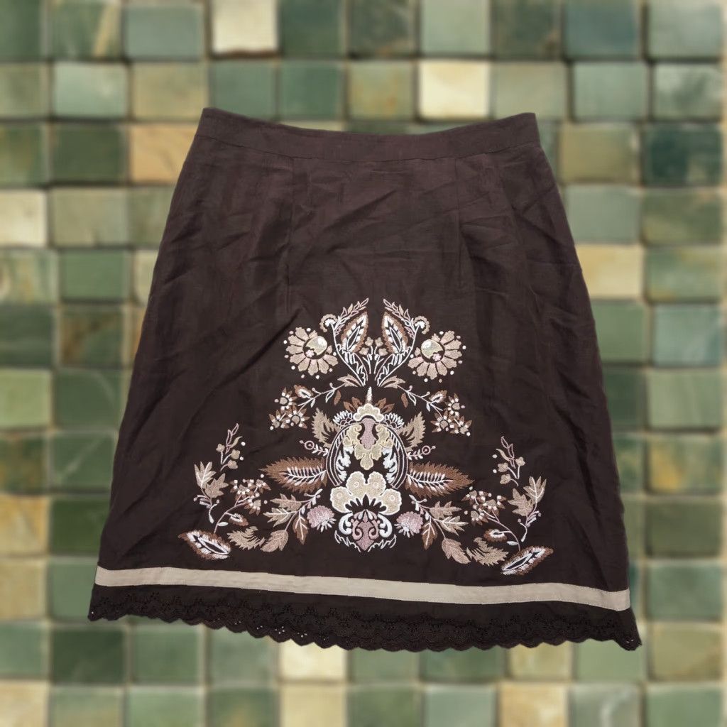 Loft LOFT Ann Taylor Floral Embroidered Linen Blend Skirt - Knee Length A-Line, Brown, Size 10, Regular, Womens, Boho Festival Size 32" / US 10 / IT 46 - 1 Thumbnail