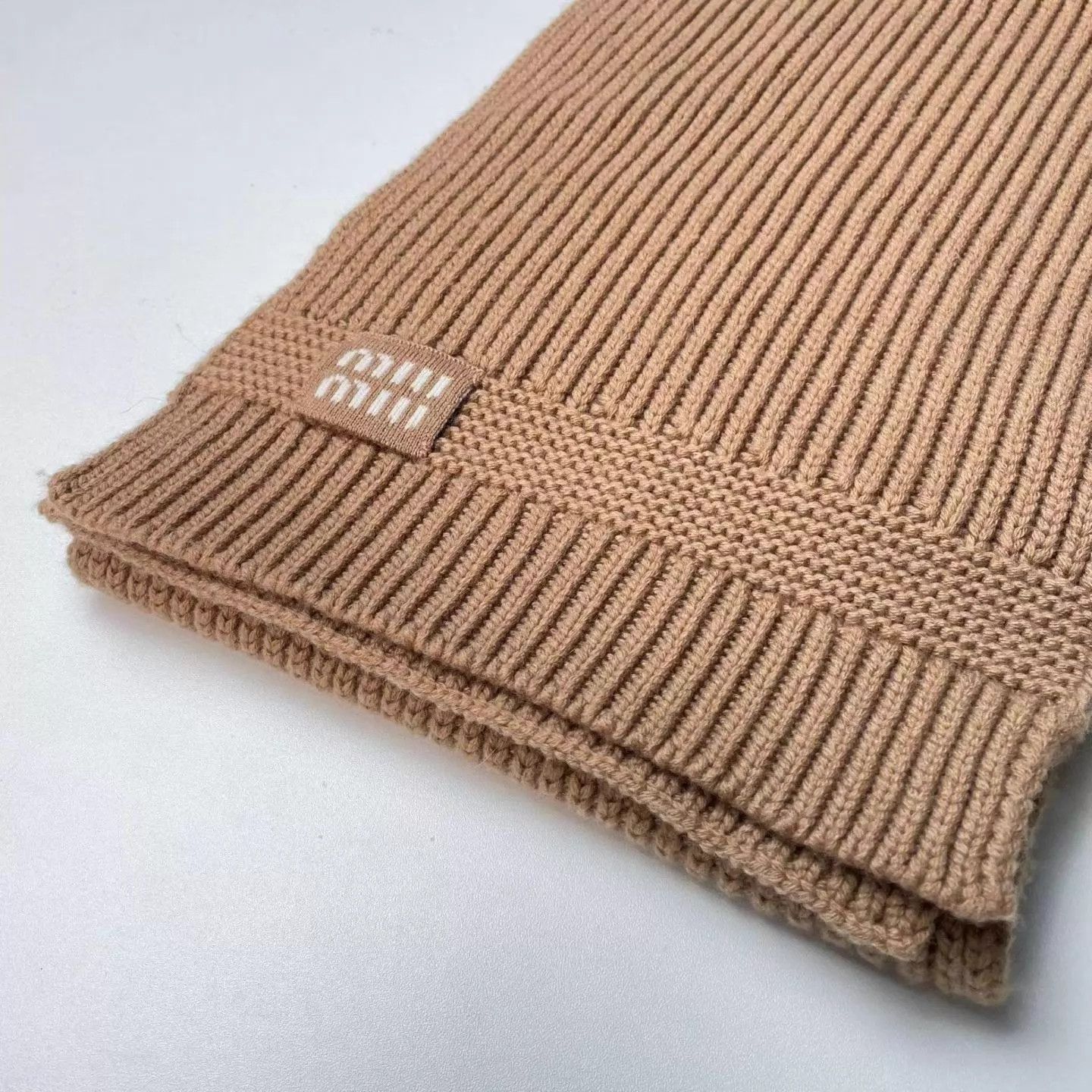 Miu Miu MIU MIU 25FW Camel Wool-Cashmere Ribbed Knit Logo Scarf Size ONE SIZE - 3 Thumbnail