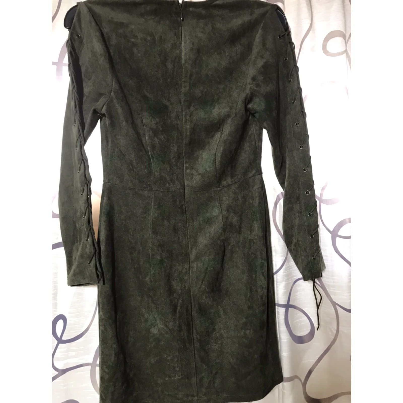 Vintage GB Women’s Short Faux Suede Dress with Leather Tie Straps V-Neck OTG Rockabilly Fall Winter S Size S / US 4 / IT 40 - 3 Thumbnail