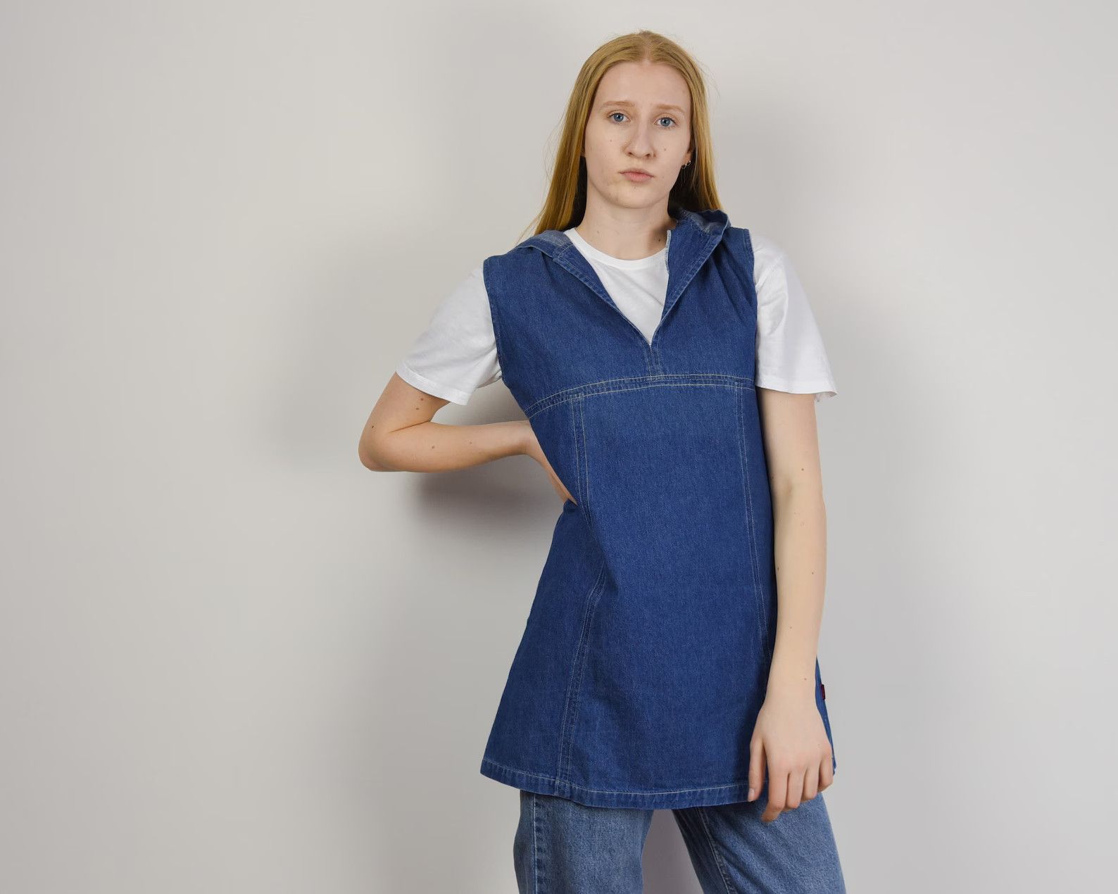 Vintage XL Denim Hooded Top Tee Blouse y2k Shirt Jean Hoodie Size L / US 10 / IT 46 - 7 Thumbnail