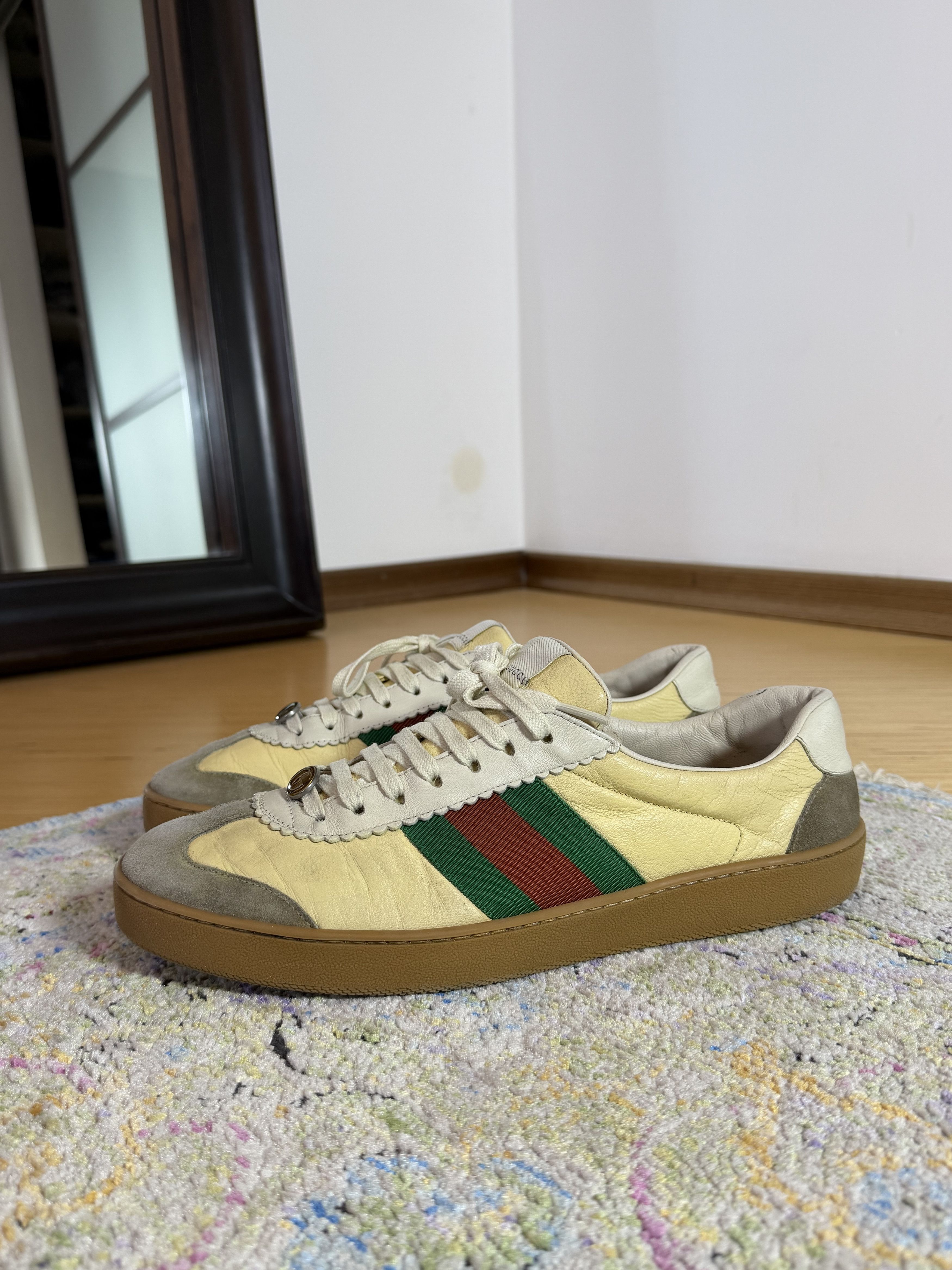 Gucci GUCCI G74 Yellow Leather Web Low Oatmeal Sneakers Size US 10.5 / EU 43-44 - 4 Thumbnail