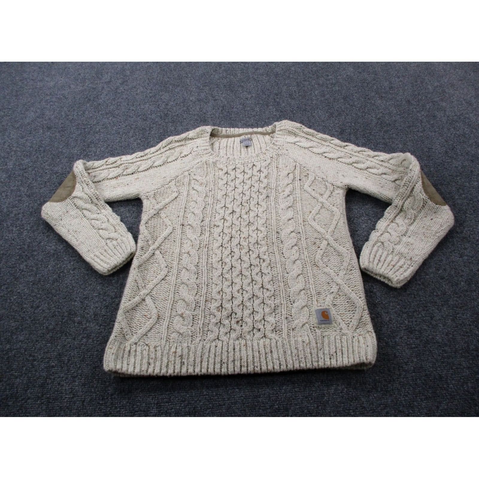 Carhartt Carhartt Sweater Womens S Wool Blend Cable Knit Elbow Patches Fisherman Beach Beige Crew Neck Pullover Sweater Womens Size S Size S / US 4 / IT 40 - 2 Thumbnail