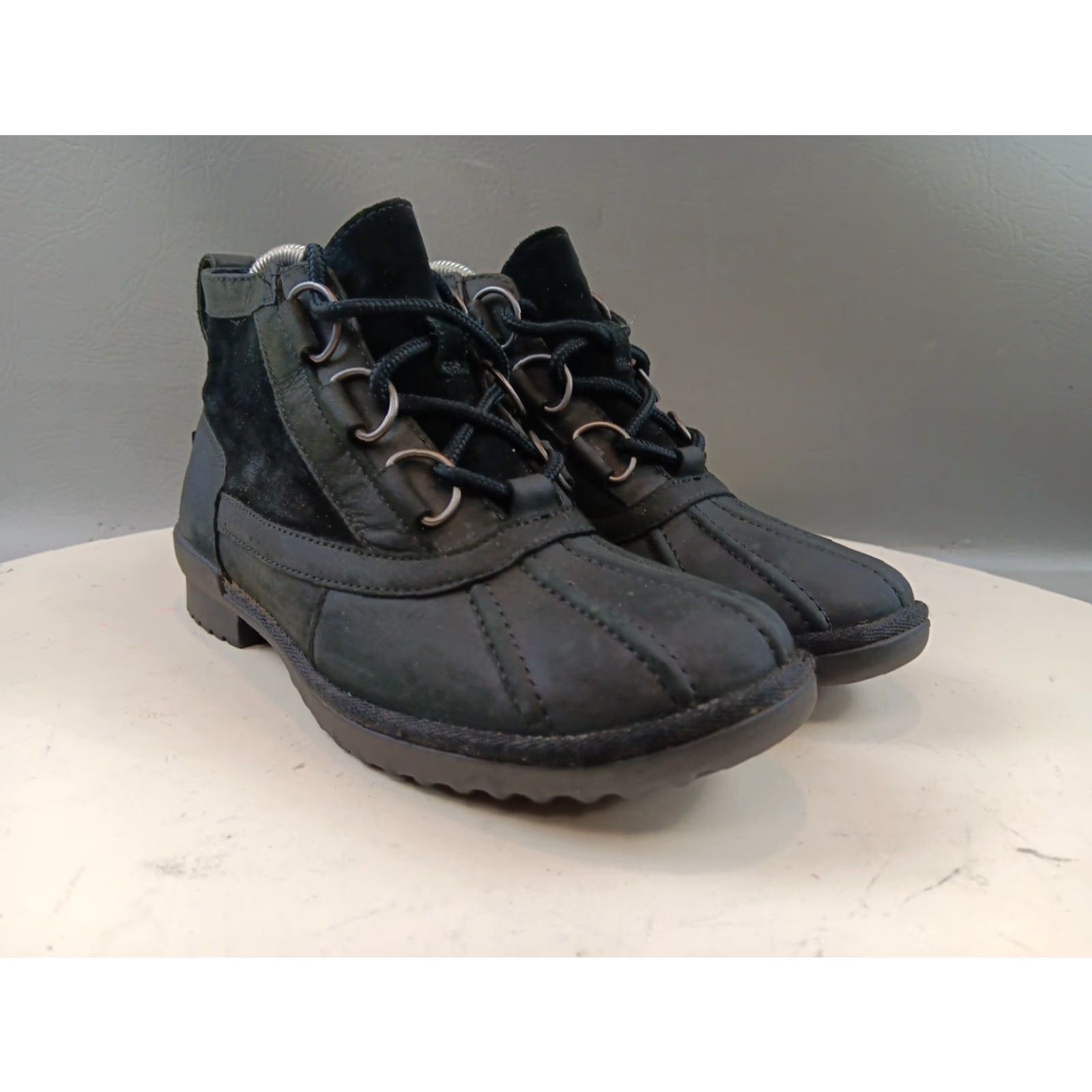 Ugg UGG Duck Boot Women 6.5 Black Leather Shearling Waterproof Lace Up Outdoor Boots Size US 7 / IT 37 - 2 Thumbnail